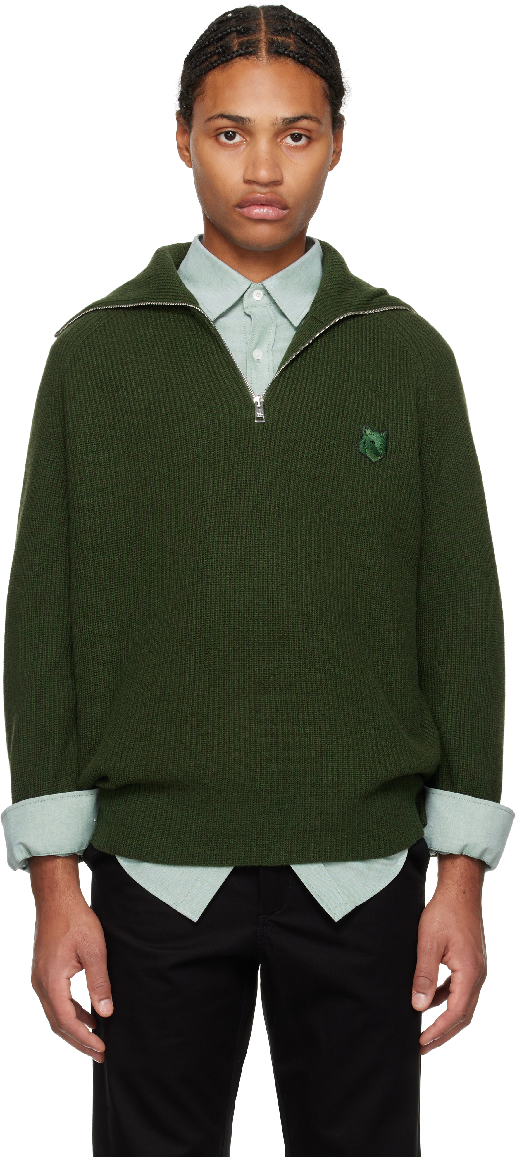 Green Bold Fox Head Patch Half Zip Ribbed Sweater by Maison Kitsune on Sale