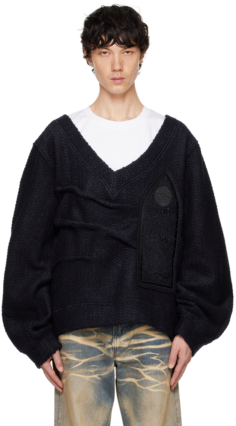 Shop Who Decides War Navy Gathered Collegiate Sweater In Indigo