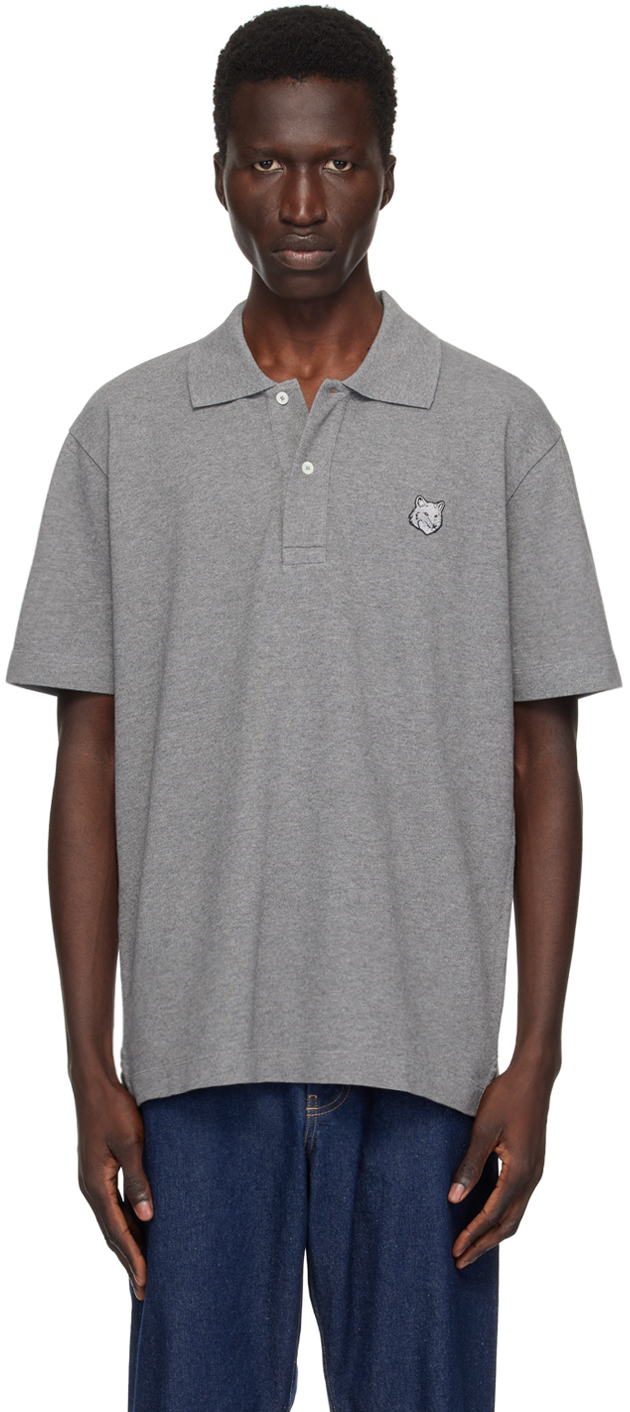 Shop Maison Kitsuné Gray Bold Fox Head Polo In H131 Medium Grey Mel