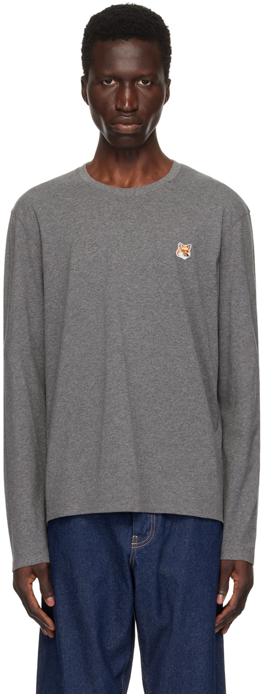 Shop Maison Kitsuné Gray Fox Head Long Sleeve T-shirt In H170 Dark Grey Melan