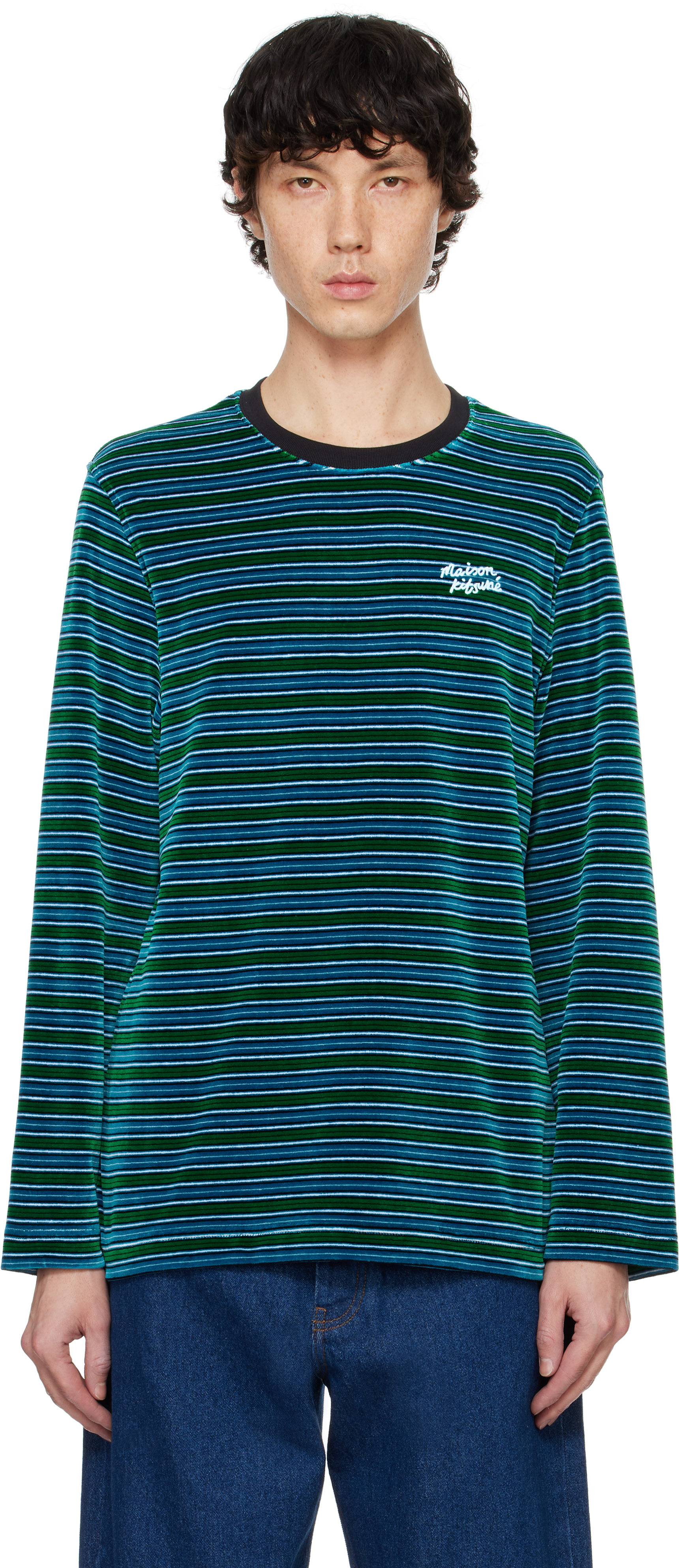 Maison Kitsuné Blue Striped Velvet Long Sleeve T-shirt