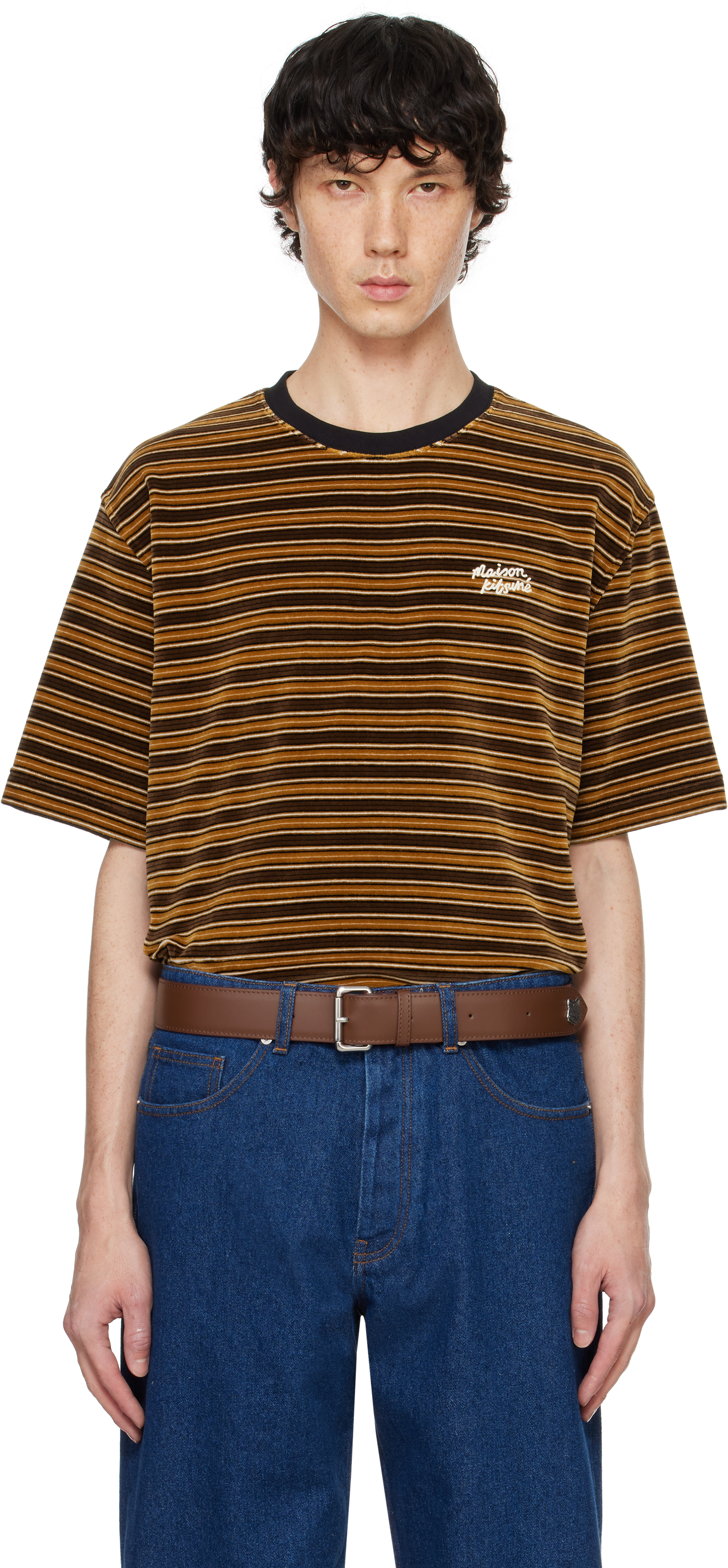 Maison Kitsuné Brown Striped Velvet Oversize T-shirt