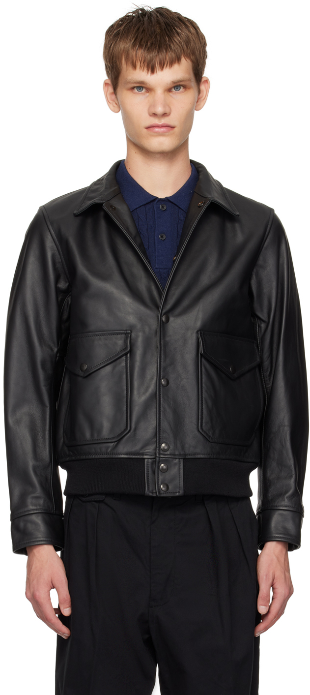 Black Military Leather Bomber Jacket