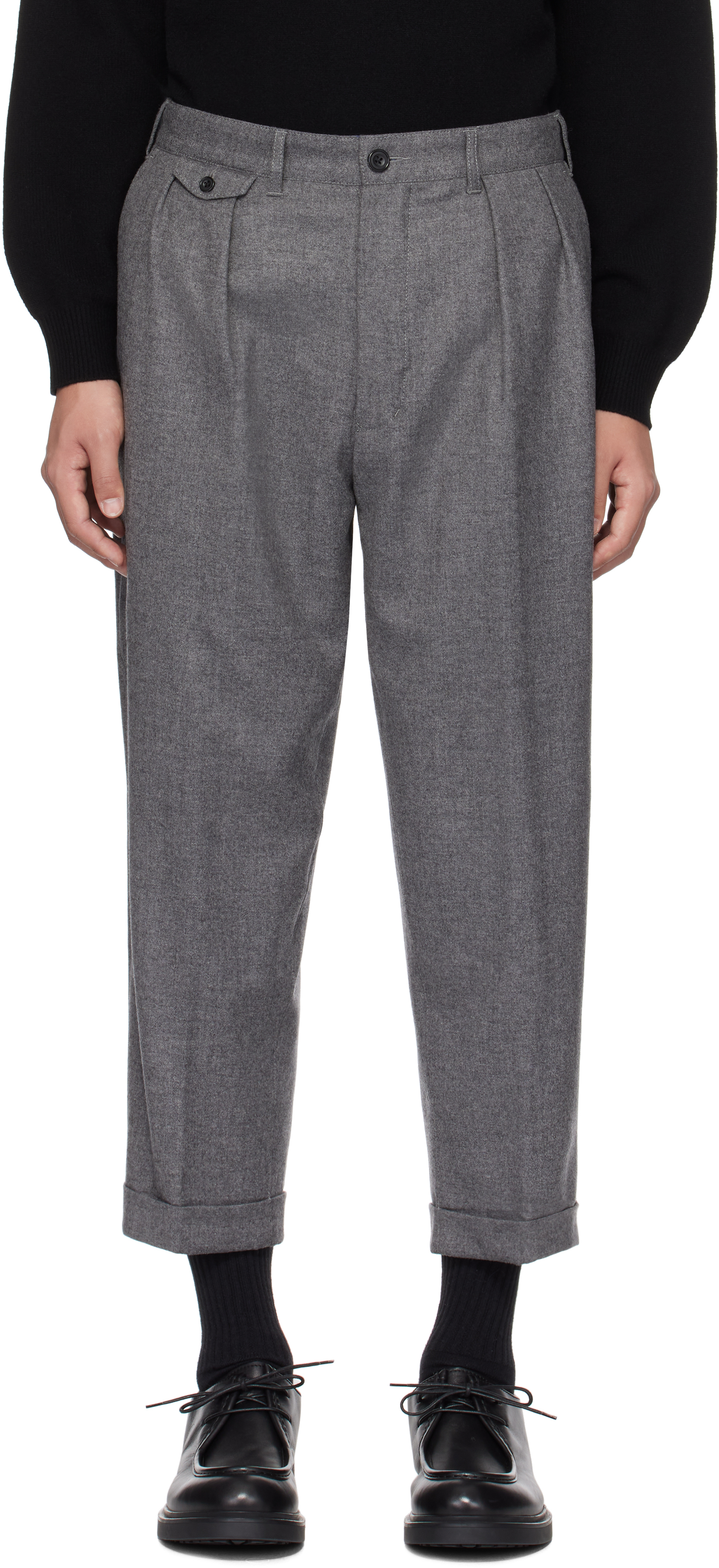 Gray 2 Pleats Flannel Tapered Trousers