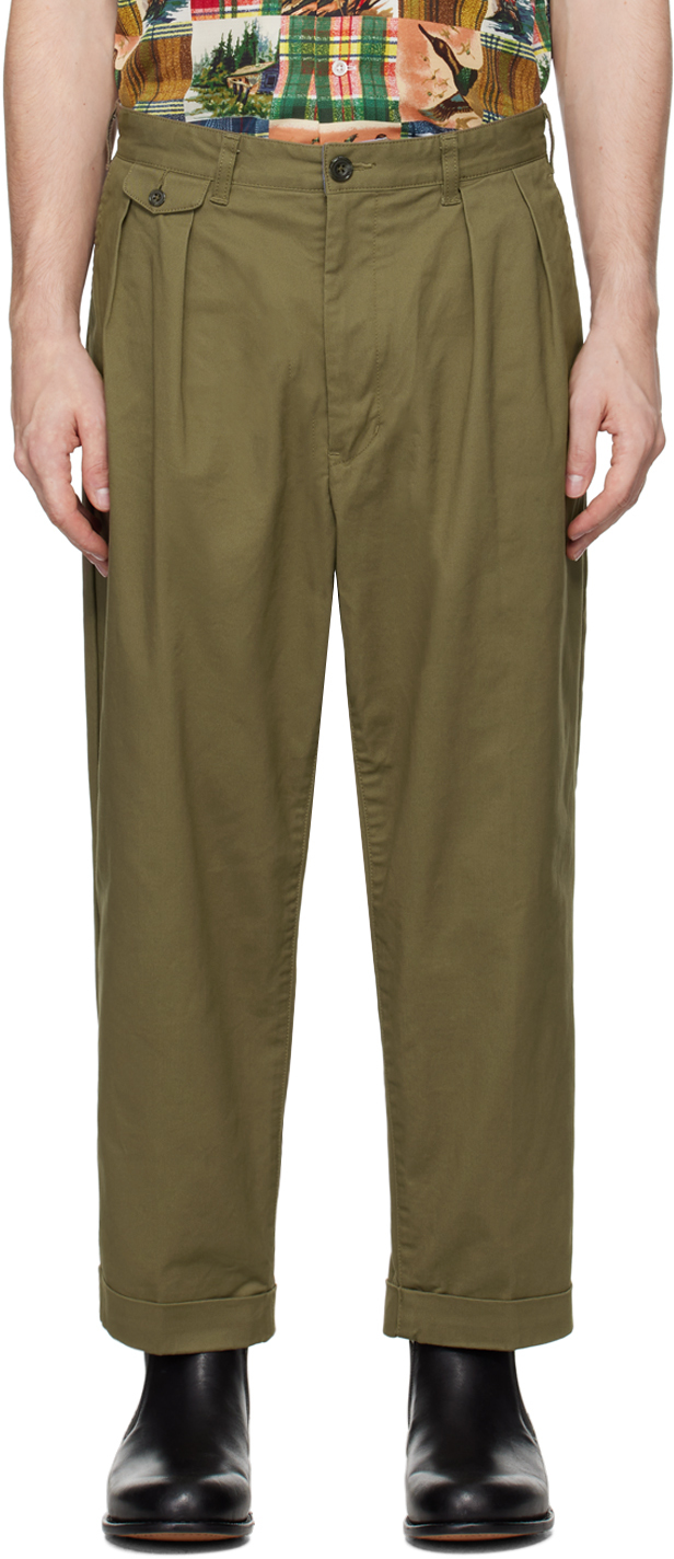 Shop Beams Khaki 2 Pleats Chino Trousers In Olive67