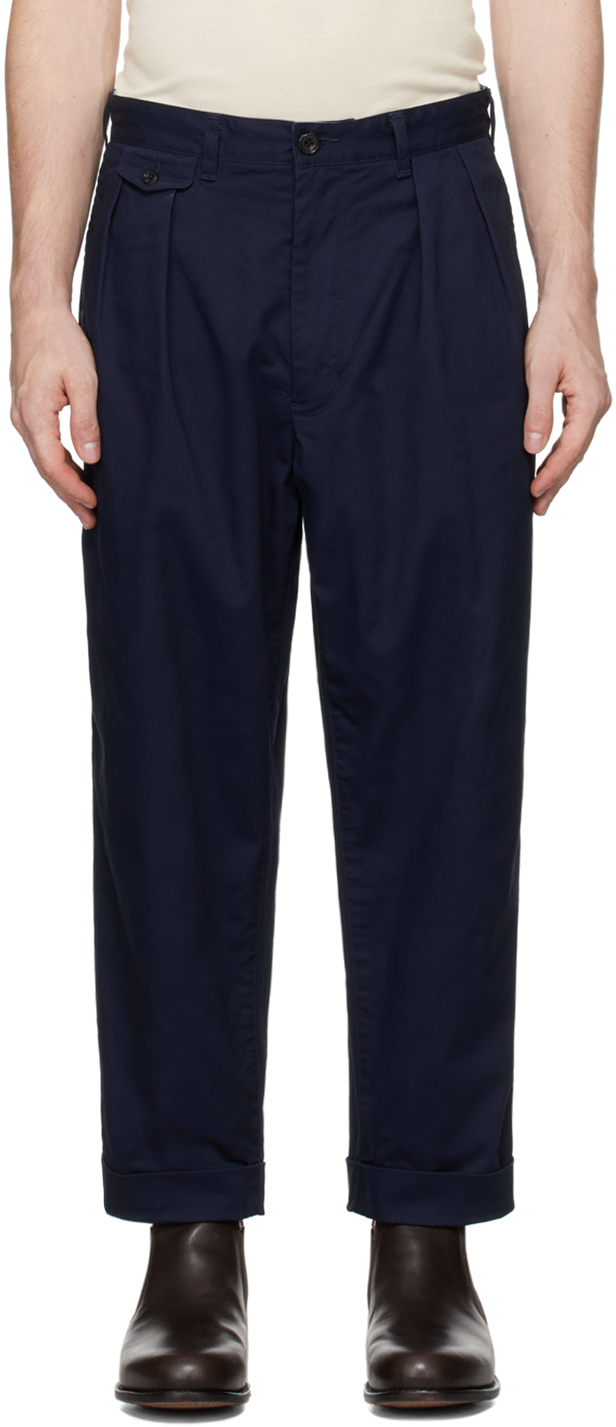 Shop Beams Navy 2 Pleats Chino Trousers In Navy79