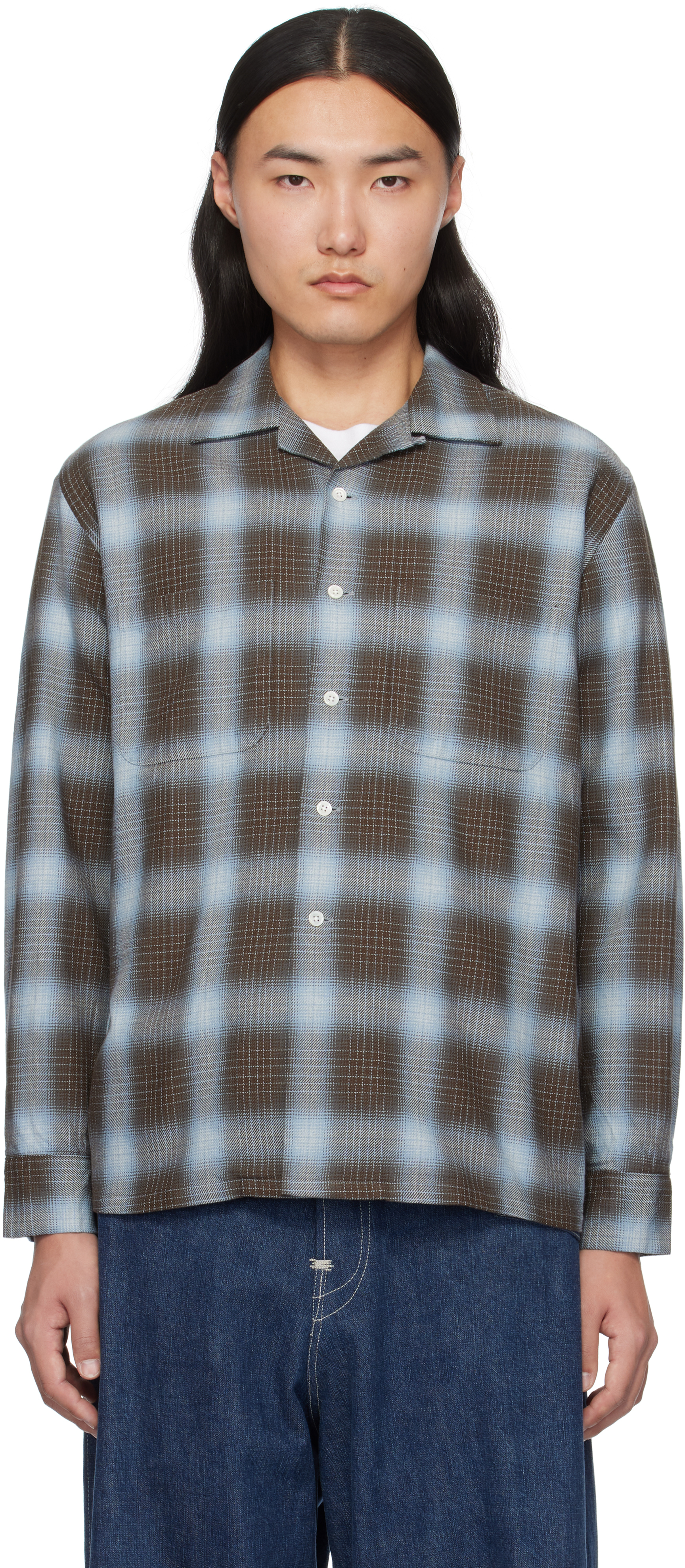 Brown & Blue Open Collar Indigo Ombre Plaid Shirt