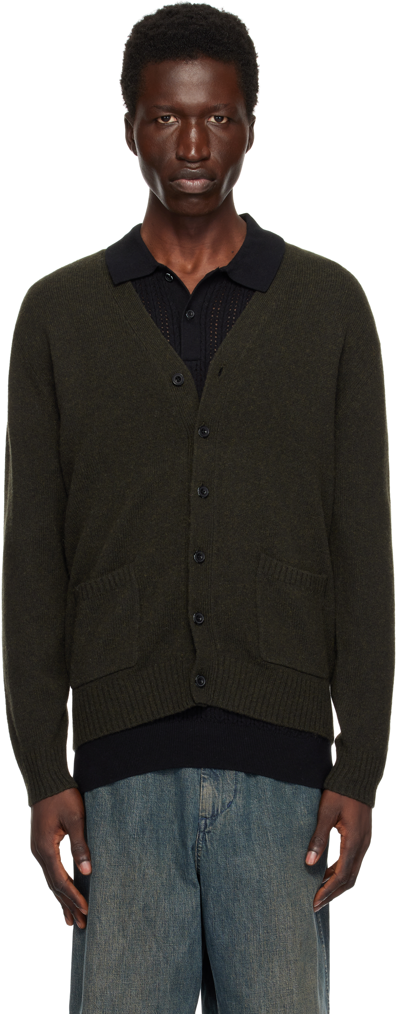 Khaki Elbow Patch 7G Cardigan by BEAMS PLUS on Sale