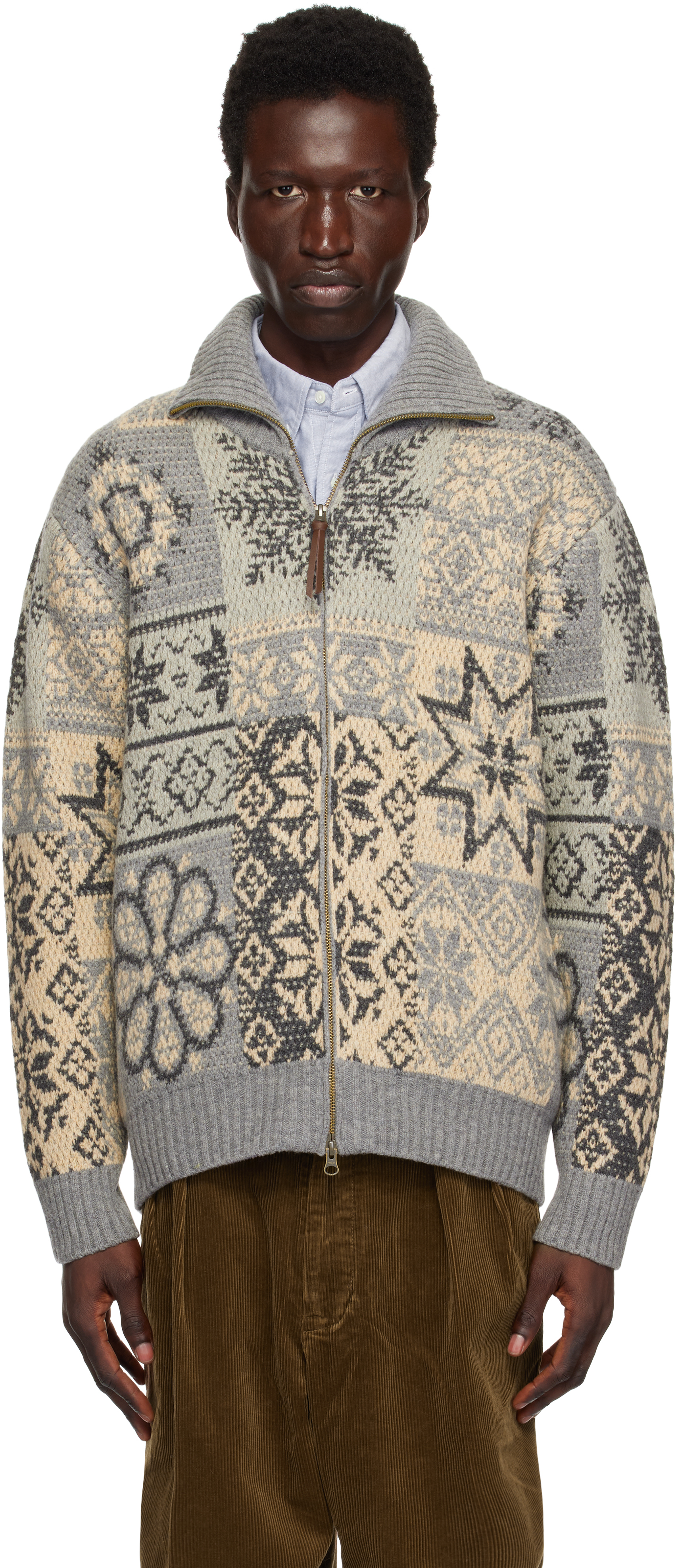 Gray Zip Double Jacquard Patchwork Sweater