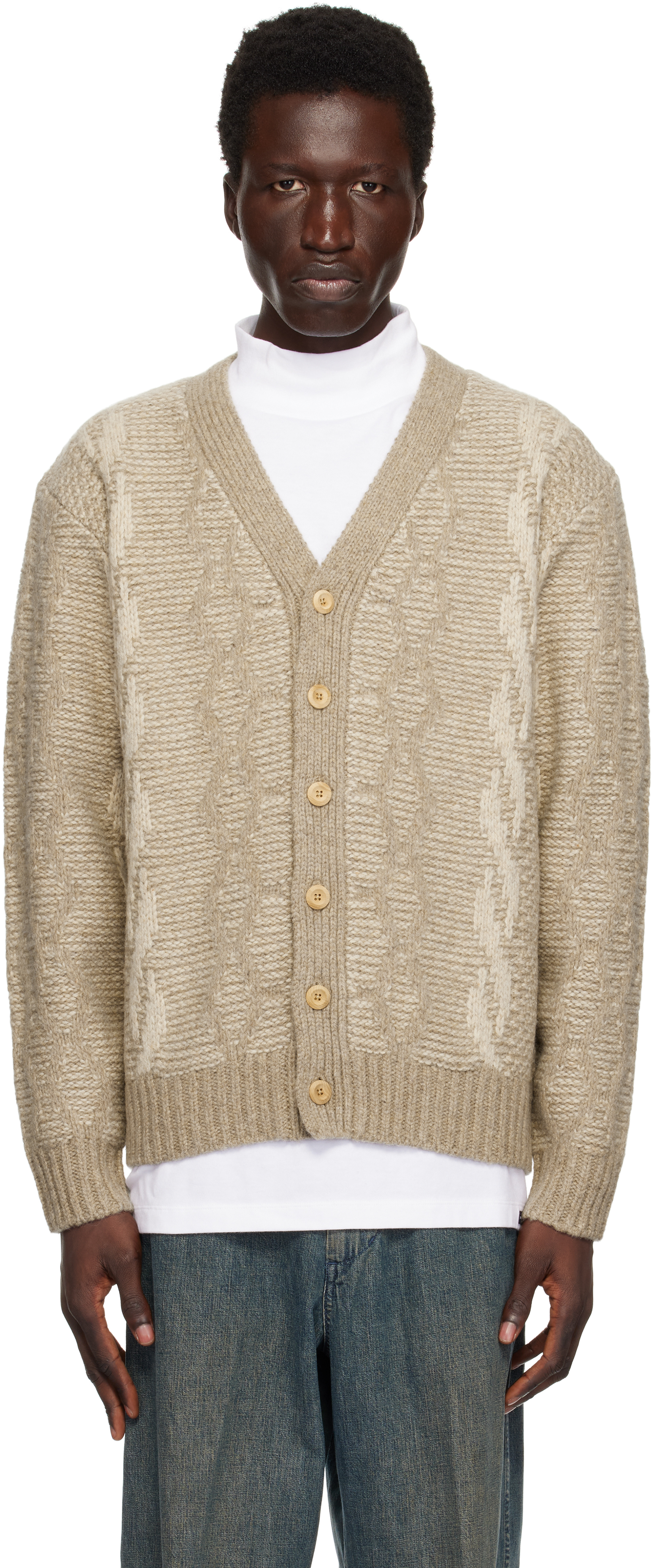 Beige Heavy Cable Pattern Cardigan