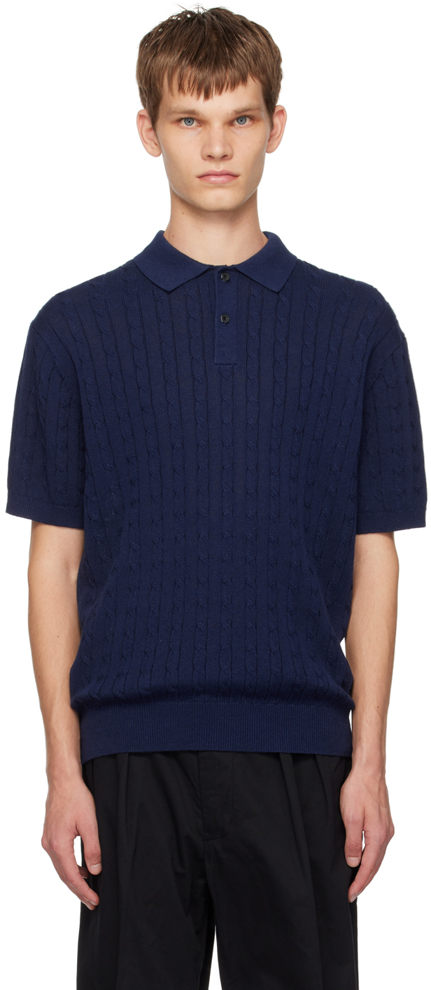 Shop Beams Navy Cable Knit Polo In Navy79