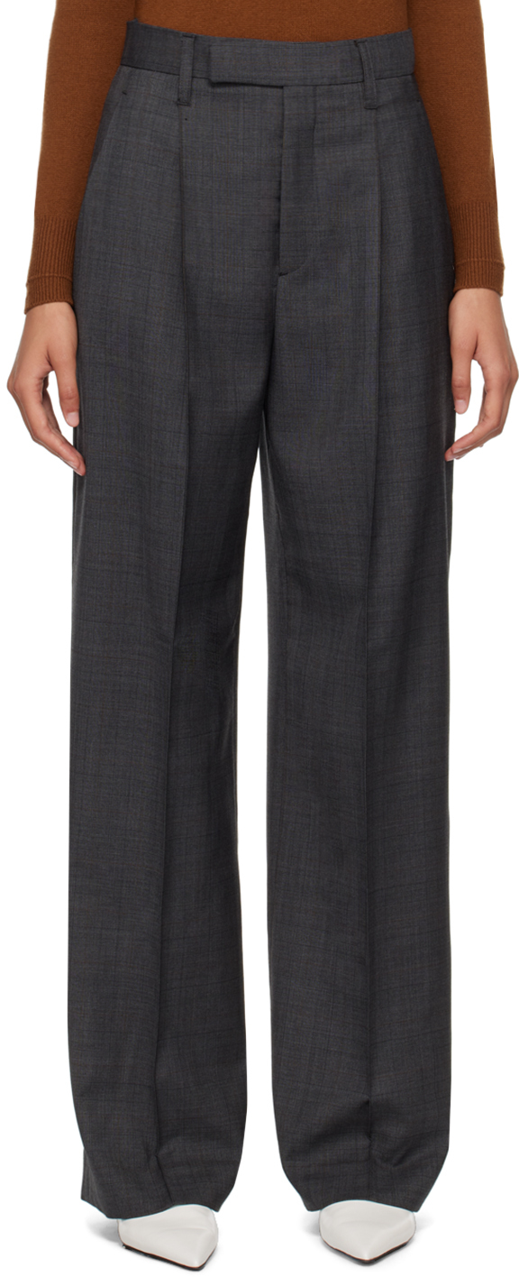 Shop Maria Mcmanus Gray Wide Leg High Rise Trousers In Charcoal Glen Plaid