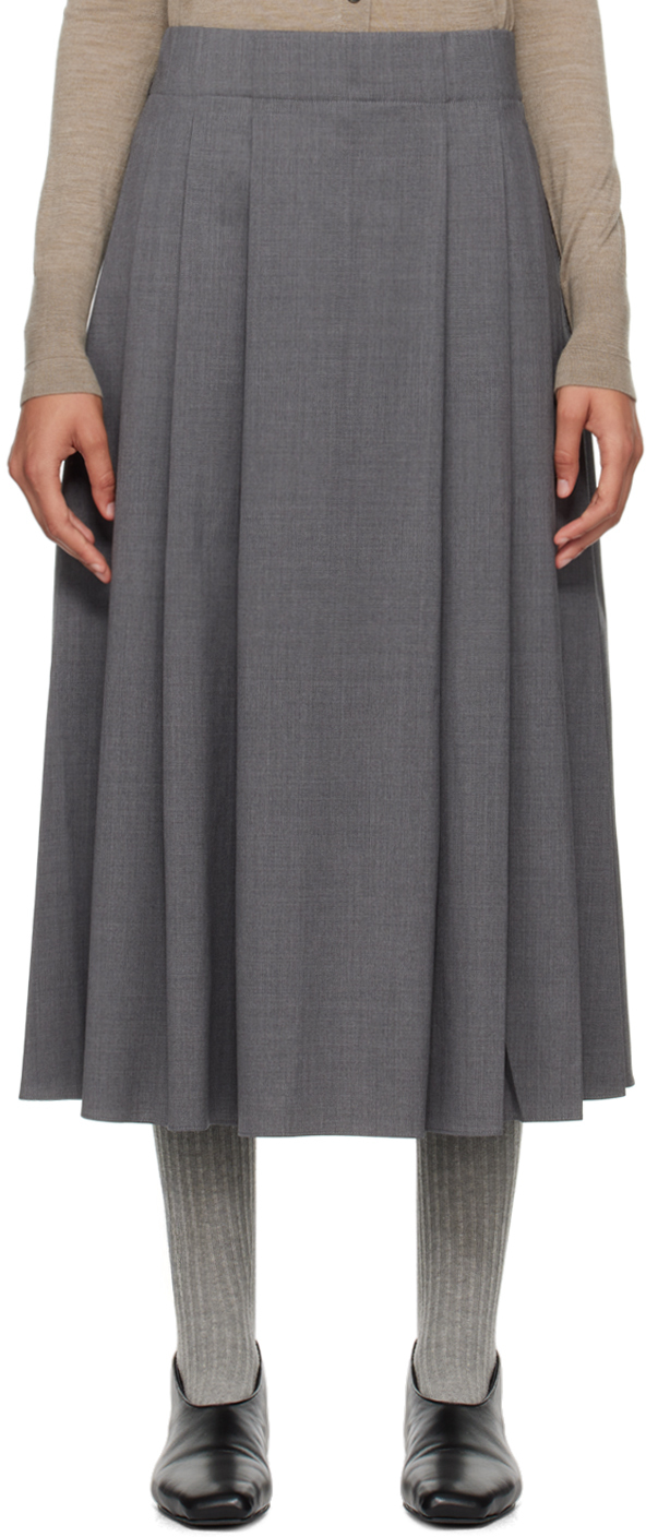 Gray Pleat Front Full Midi Skirt