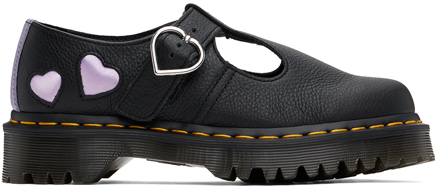 【関税込み】Dr. Martens ブラック Polley Heart メリージェーン Polley Heart Virgina Satin Mary Jane Shoes in Black | Dr