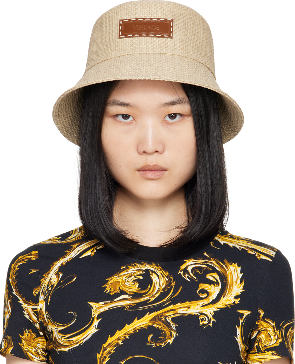 Shop Versace Beige Logo Raffia Bucket Hat In 2kl50 Linen Tabacco