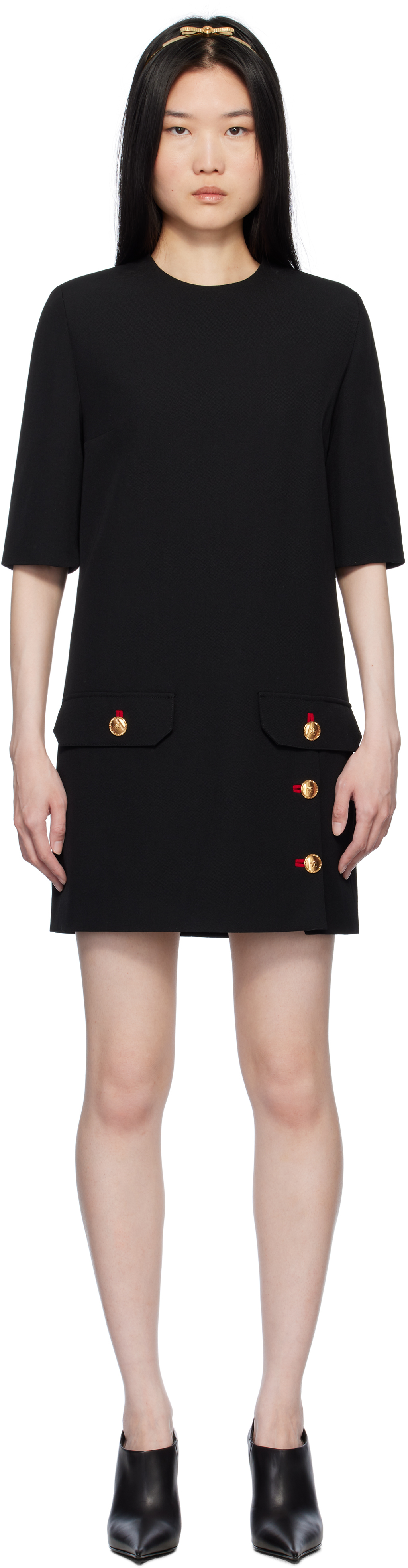 Black Wool Gabardine Shift Minidress