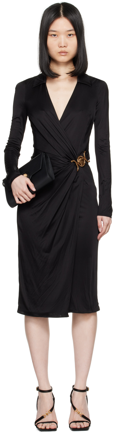 Versace Black Gathered Midi Dress In 1b000 Black
