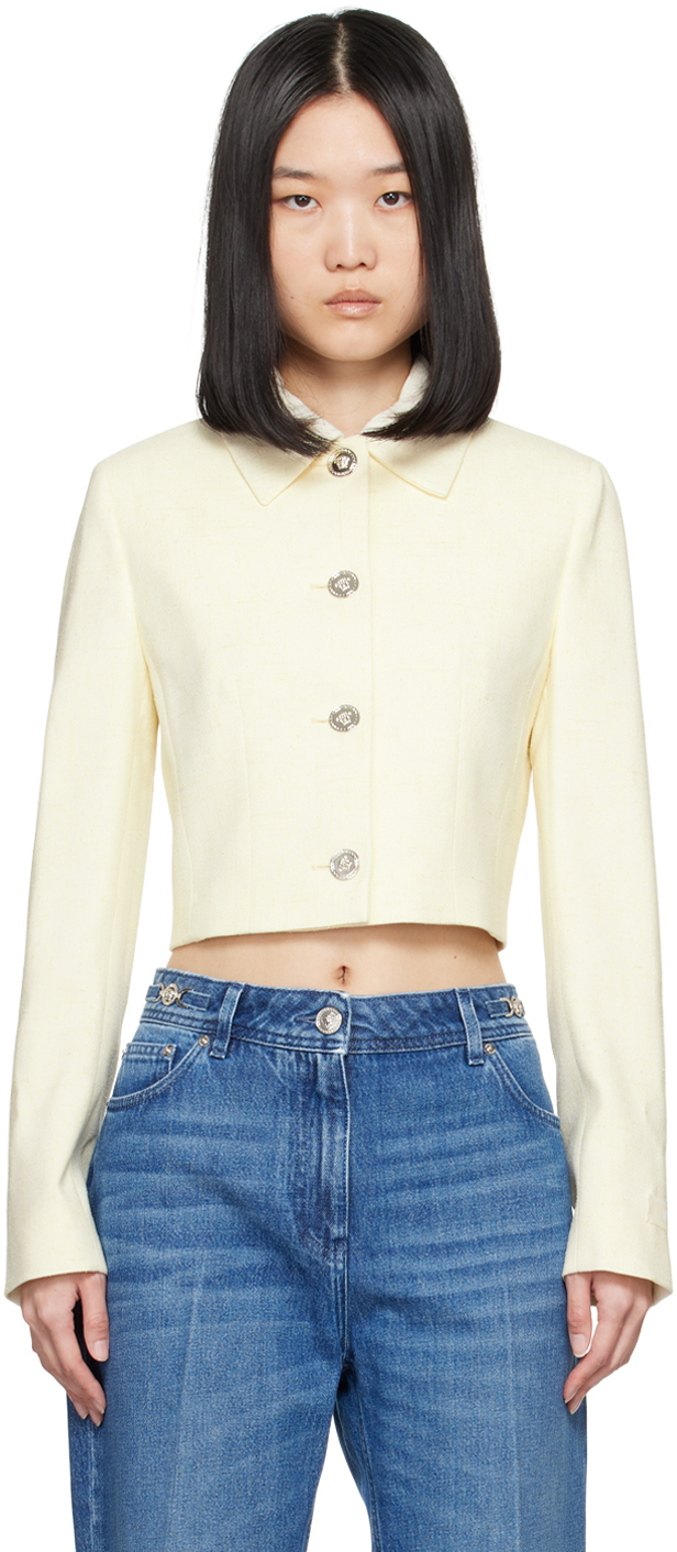 Shop Versace Beige Malfilé Jacket In 1w470 Ivory