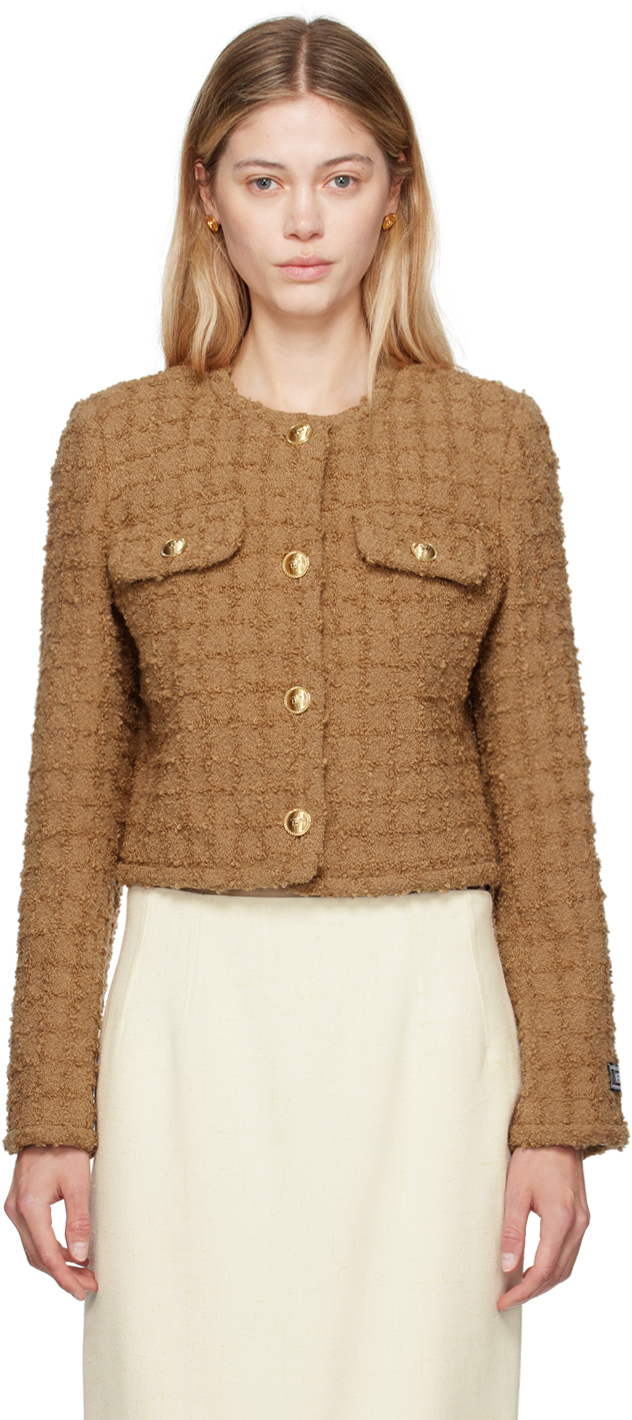 Shop Versace Tan Heritage Tweed Cardigan Jacket In 1kf70 Tan