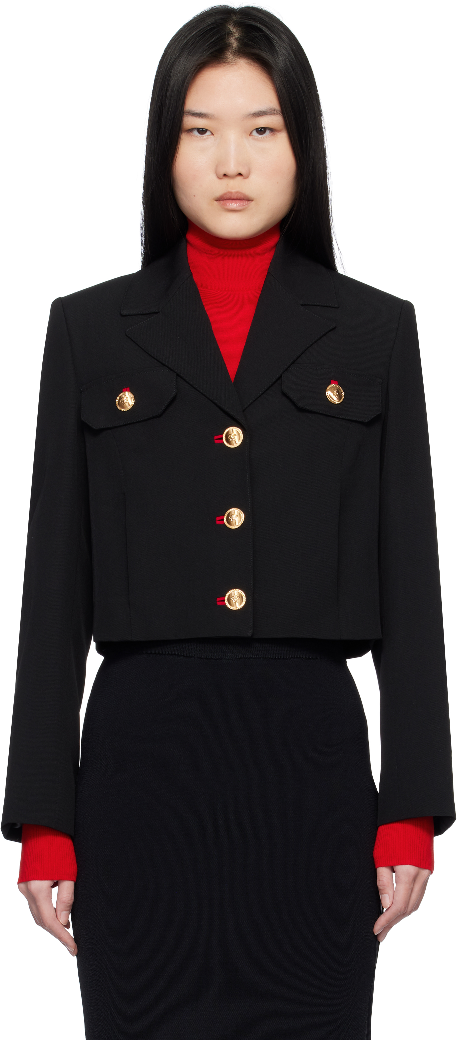 Black Wool Gabardine Uniform Crop Jacket