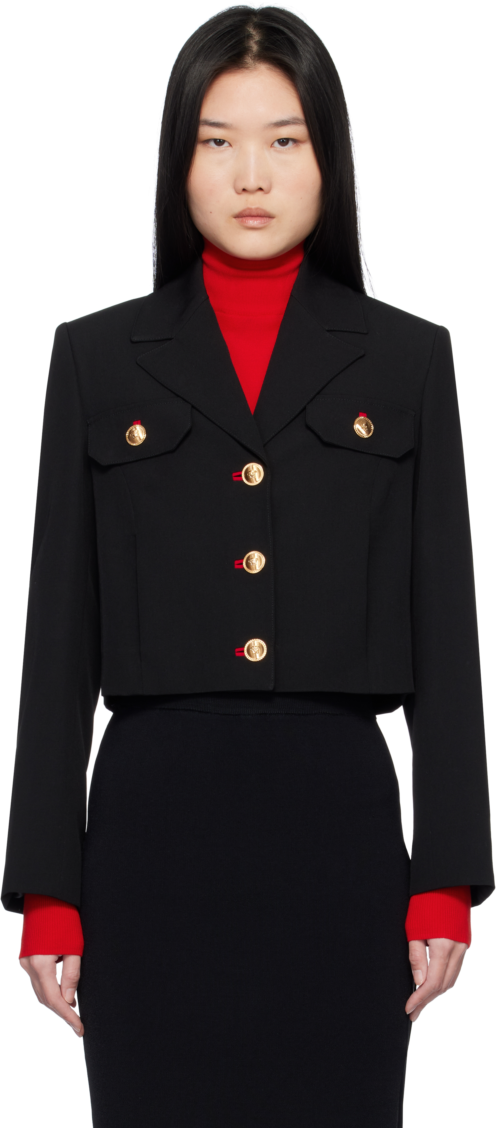 Black Wool Gabardine Uniform Crop Jacket by Versace on Sale