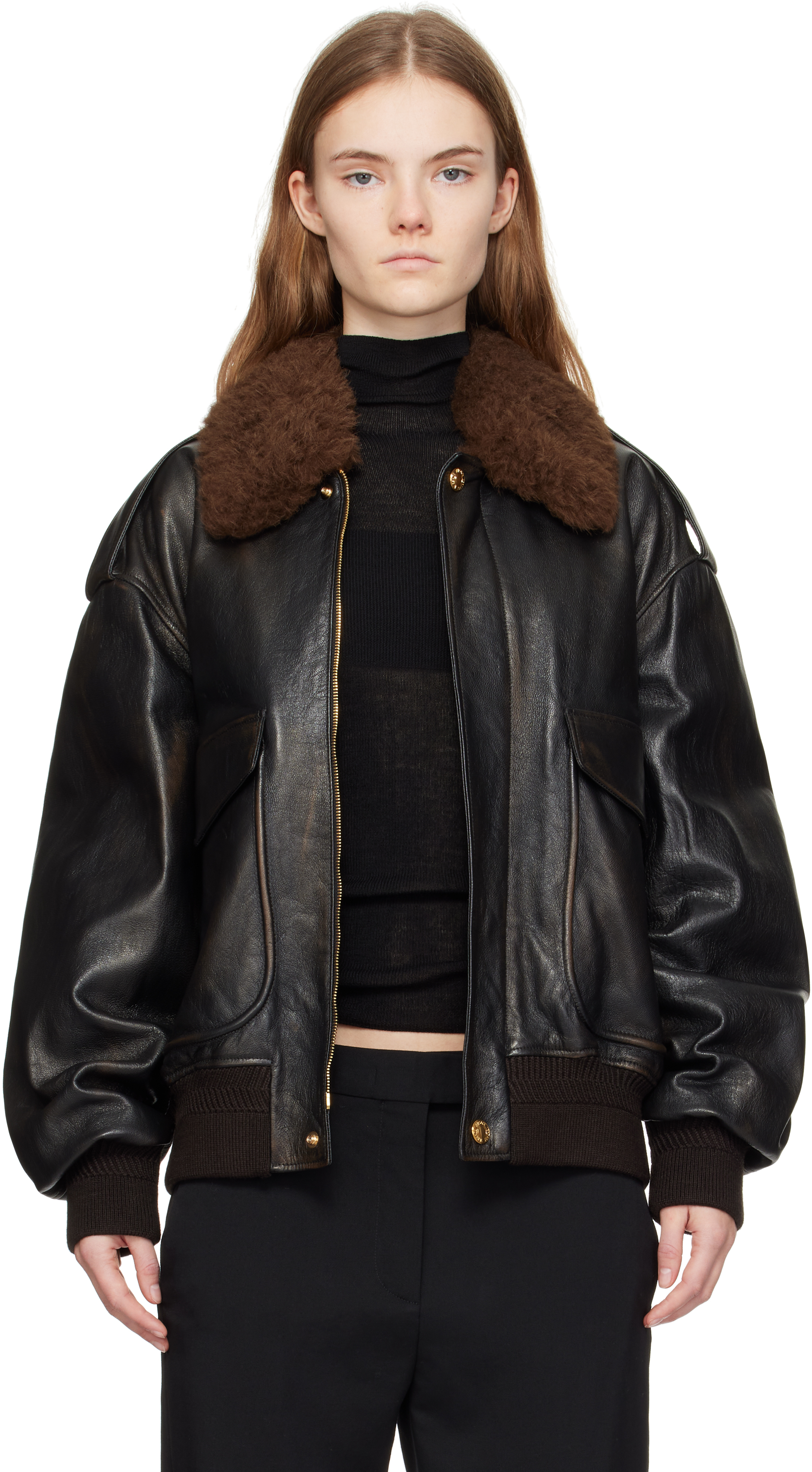 Versace Black Shearling Collar Leather Bomber Jacket In 2nc20-brown+black