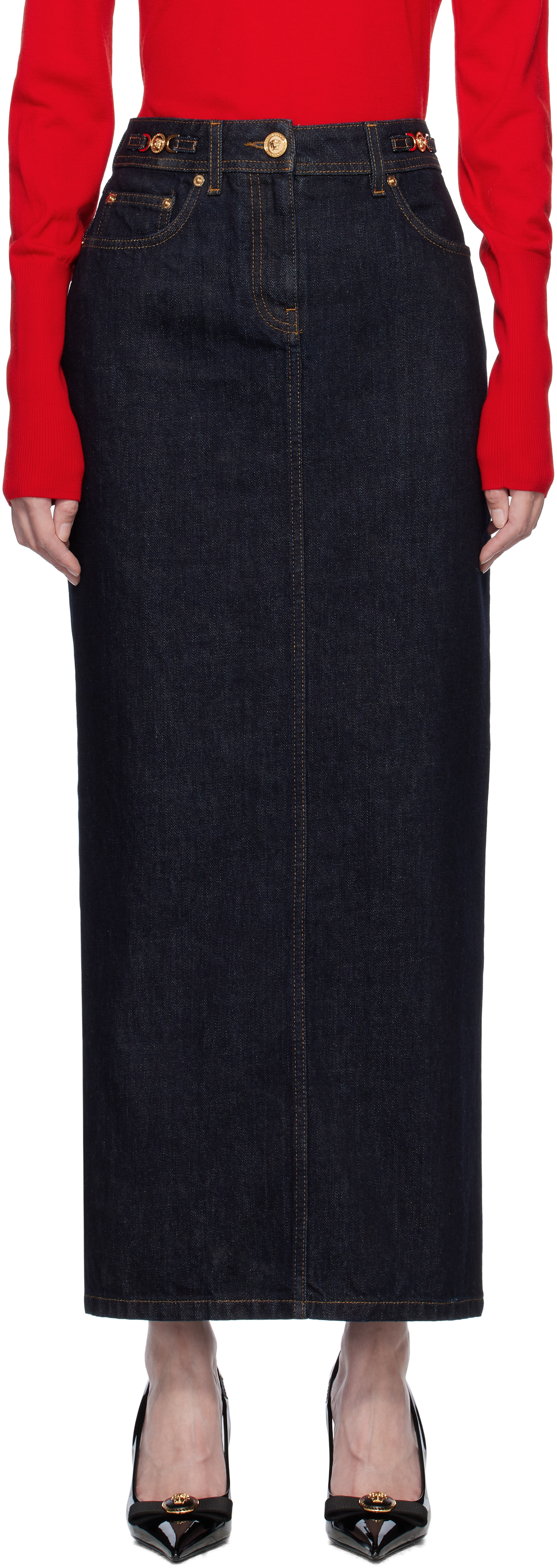 Blue Medusa '95 Denim Maxi Skirt by Versace on Sale