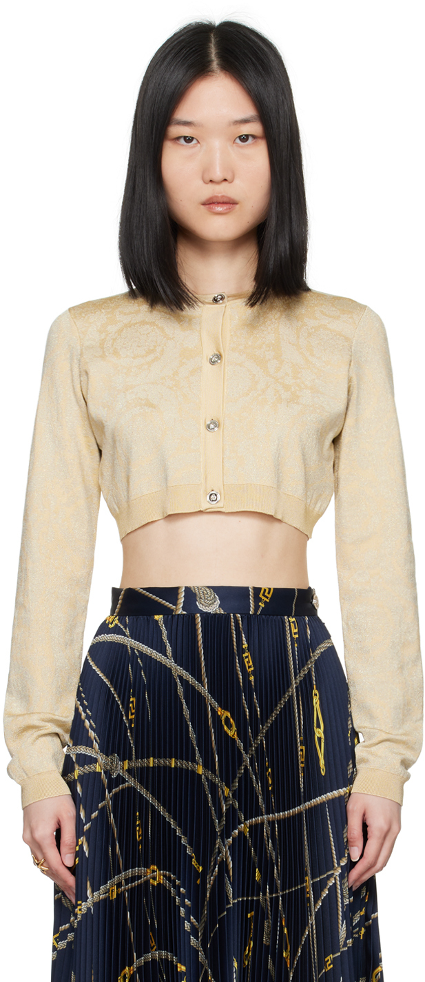 Shop Versace Beige & Gold Barocco Cardigan In 1kd70 Light Sand