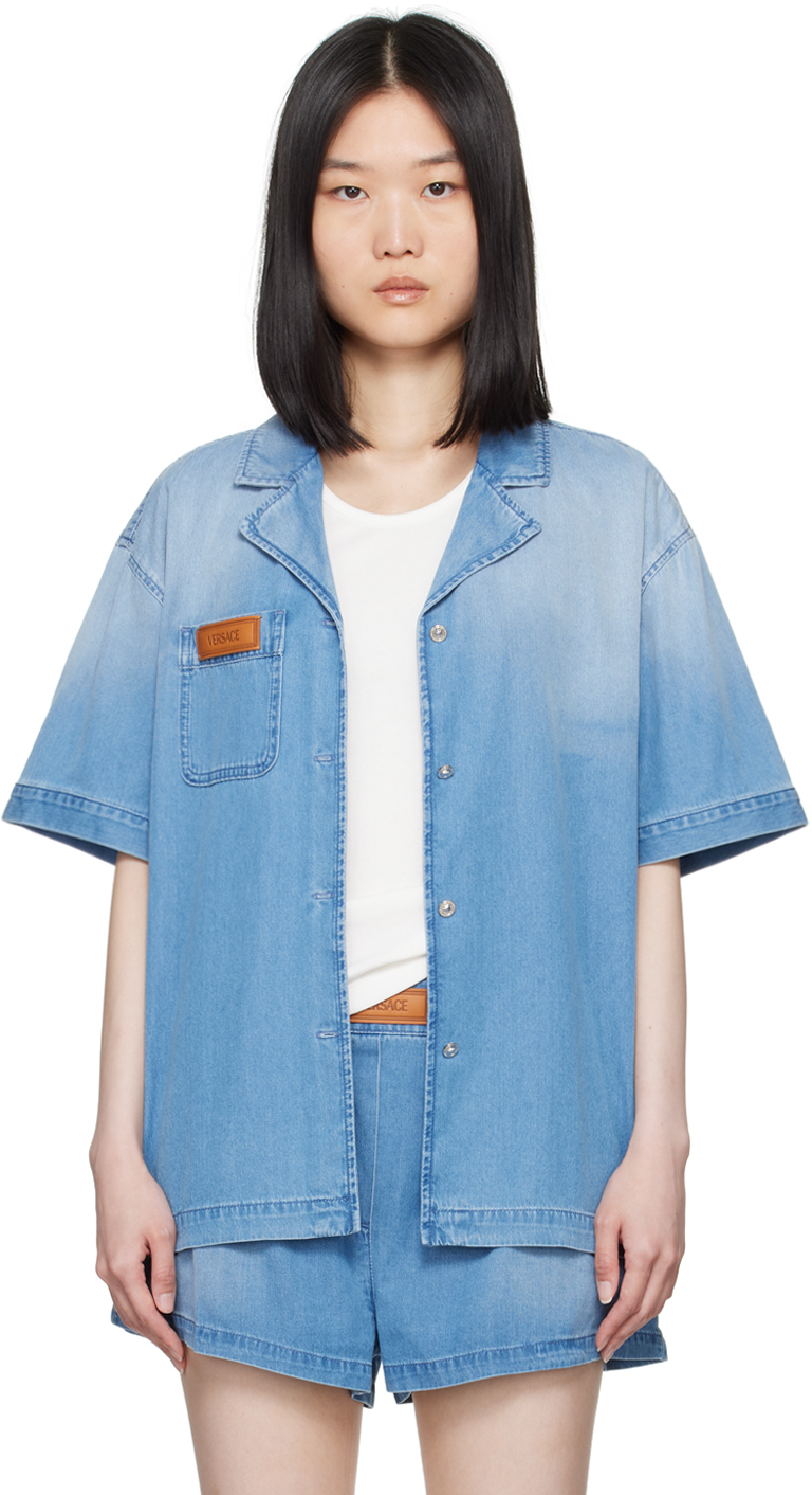 Shop Versace Blue Patch Denim Shirt In 1d030 Medium Blue