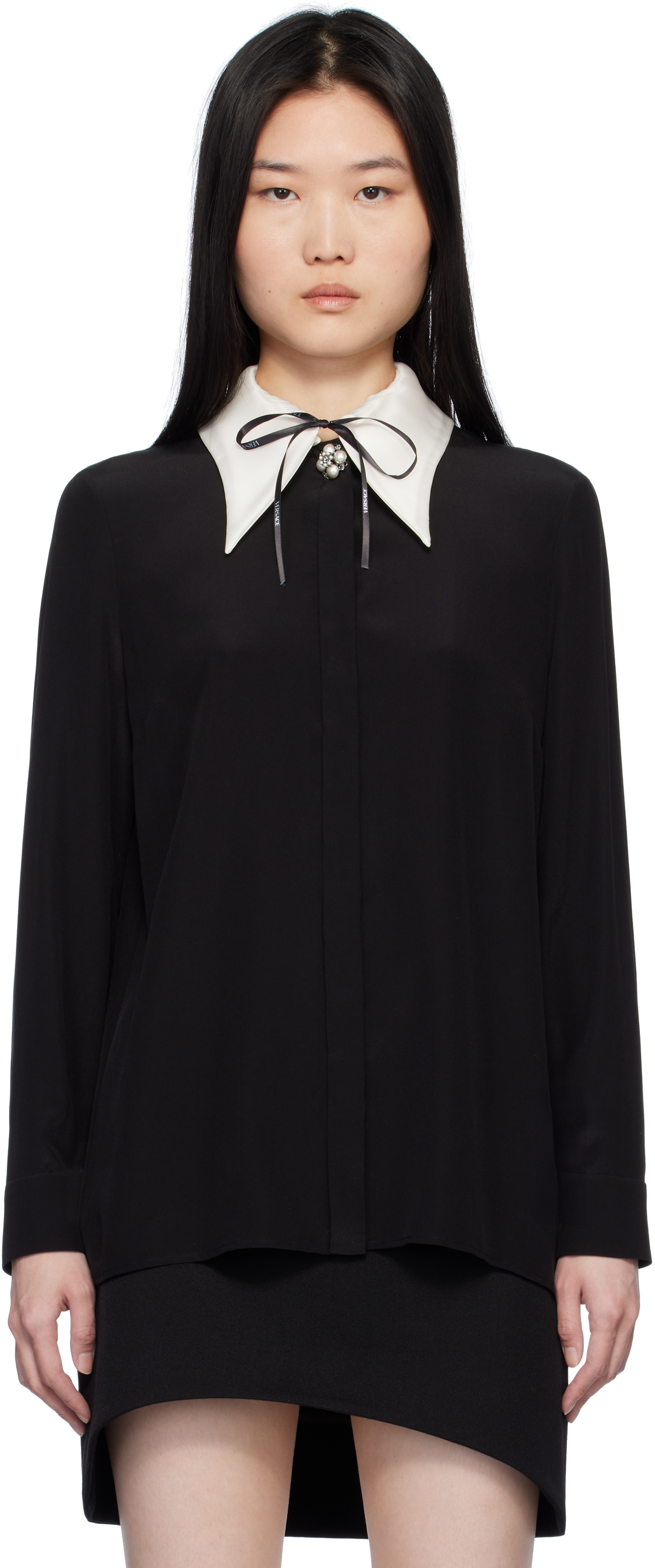 Black Contrast-Collar Silk Crêpe Shirt