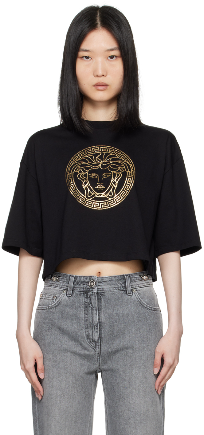 Shop Versace Black Cropped T-shirt In 2b150 Black Gold