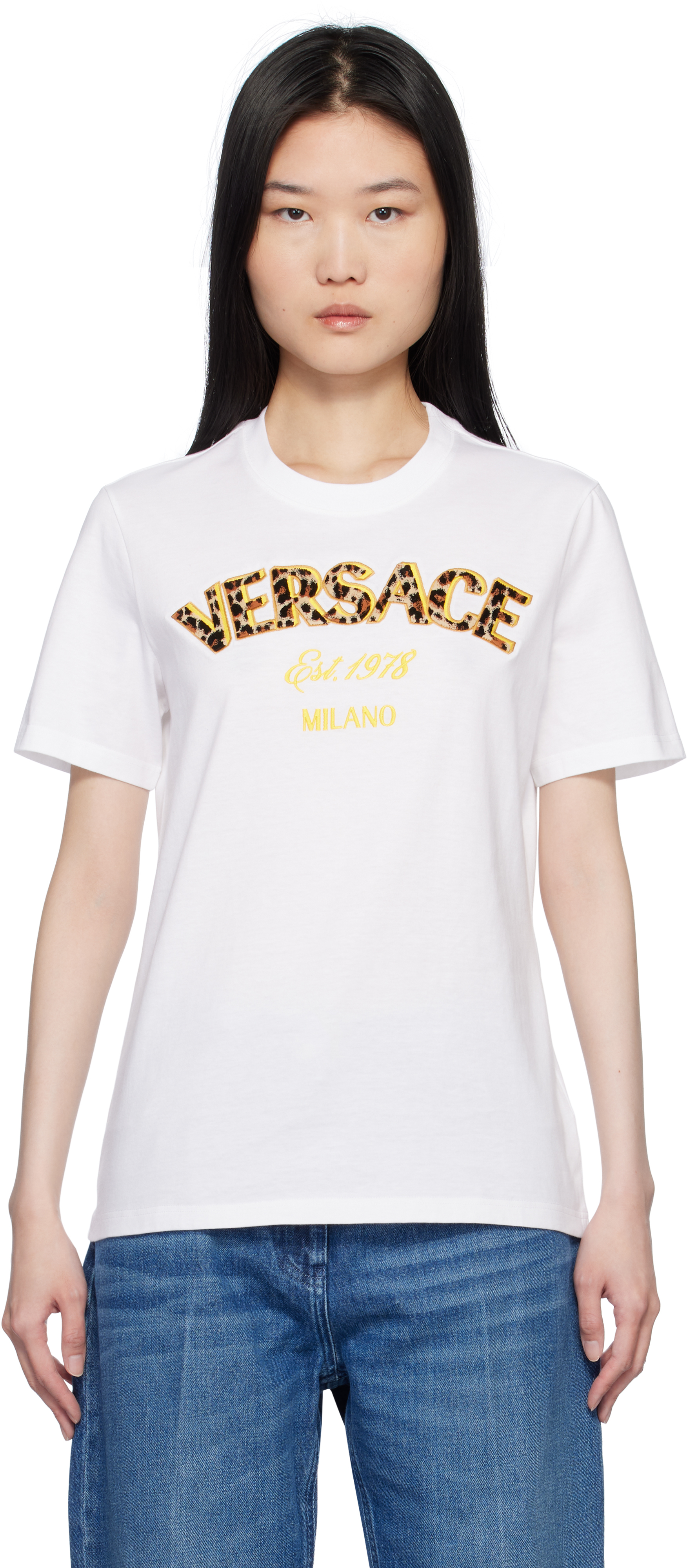 White 'Versace Milano' Leopard Embroidery T-shirt