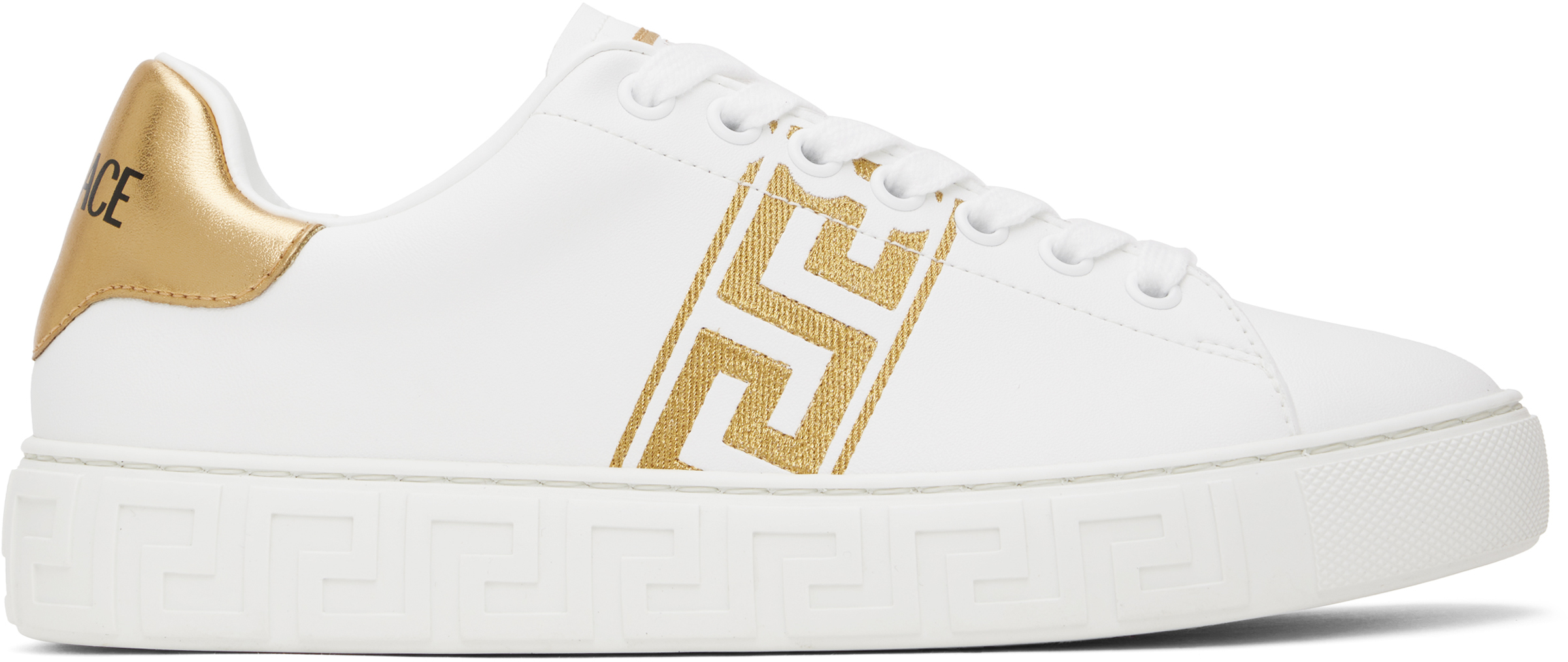 White & Gold Embroidered Greca Sneakers