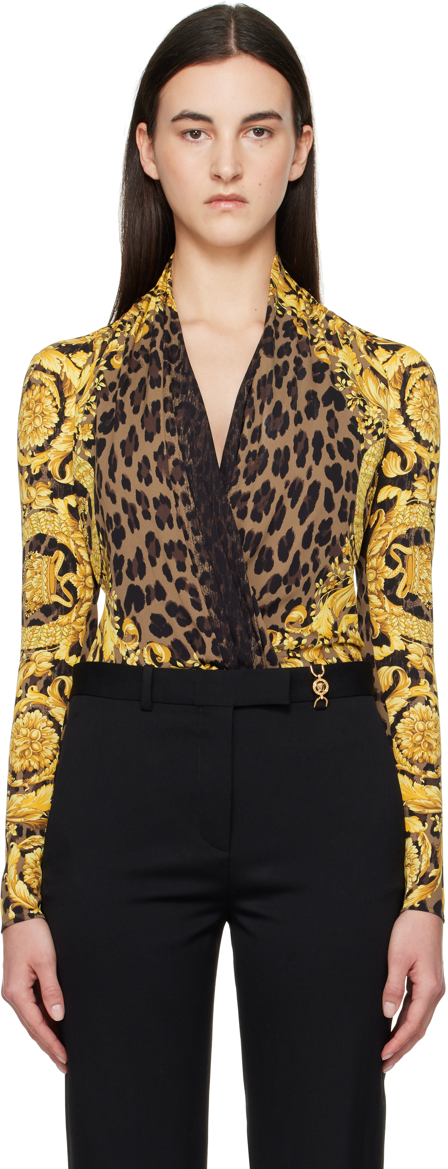 Black & Gold Wild Barocco Silk Draped Bodysuit