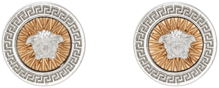 Shop Versace Silver & Gold Crystal Icon Stud Earrings In 4j080- Gold-