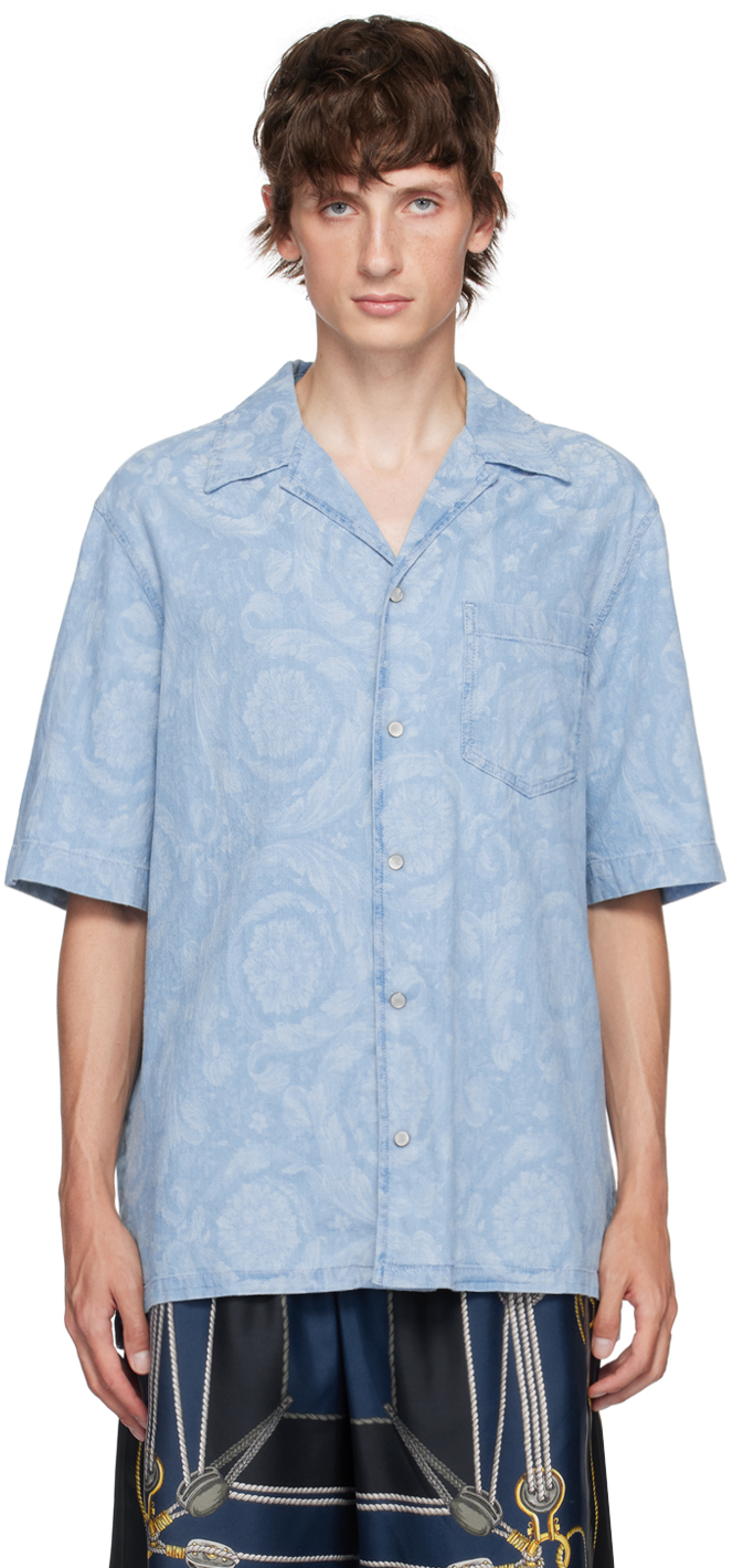 Shop Versace Blue Barocco Chambray Shirt In 1d380-light Blue