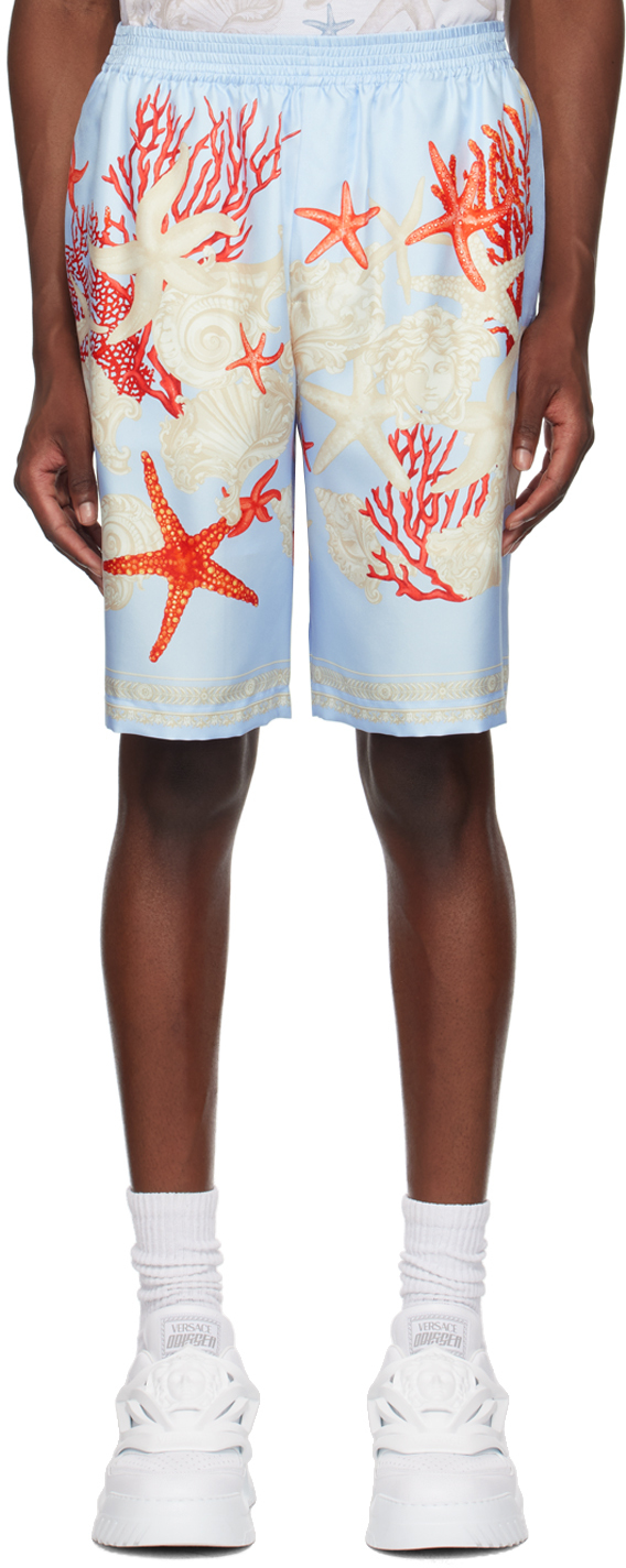 Shop Versace Blue Barocco Sea Shorts In 5ub20-blue Hydrangea