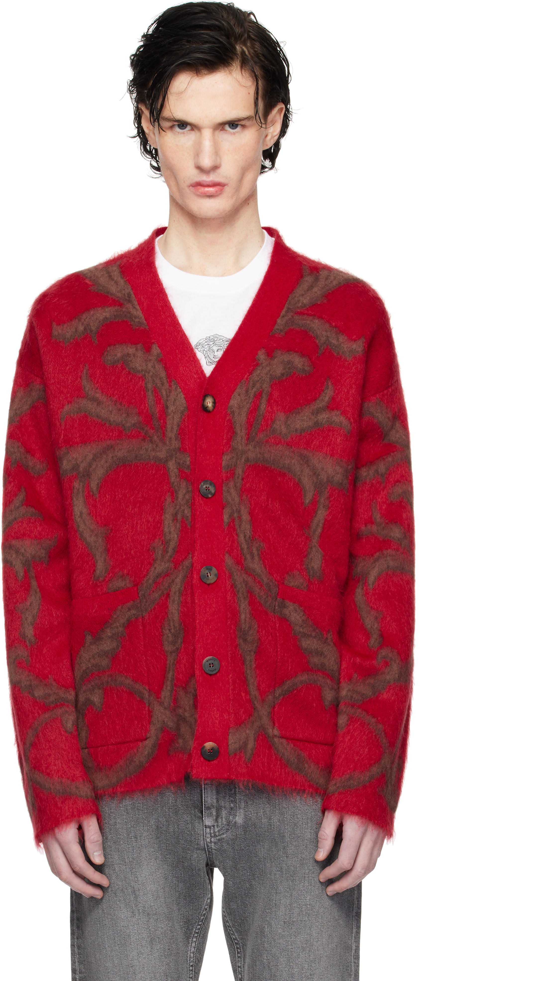 Red & Brown Acanthus Leaves Mohair-Blend Cardigan