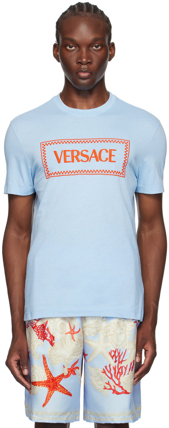 Shop Versace Blue Embroidered Logo T-shirt In 1vd90-blue Hydrangea