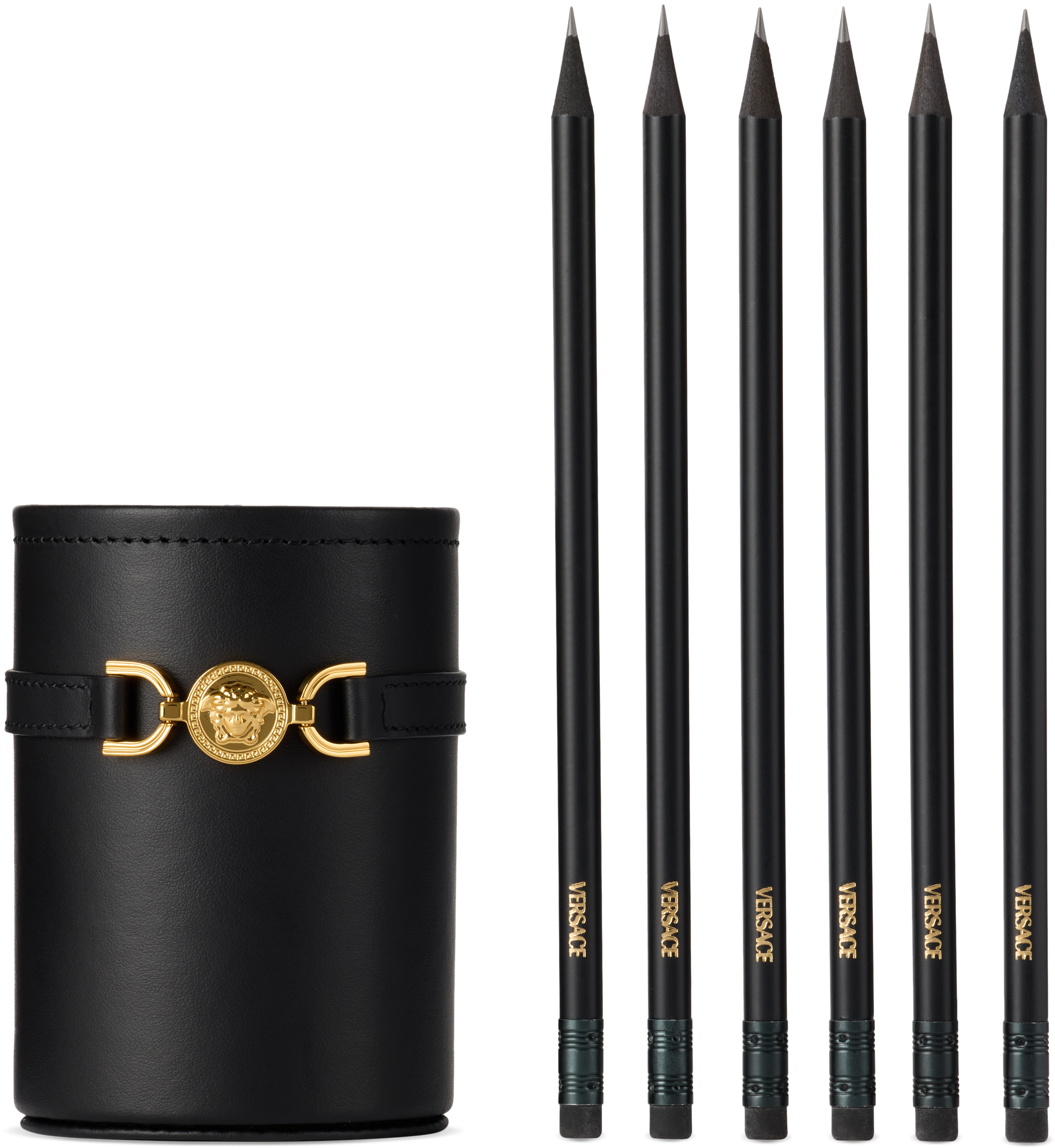 Versace Leather Holder And Pencil Set In 1b000-black