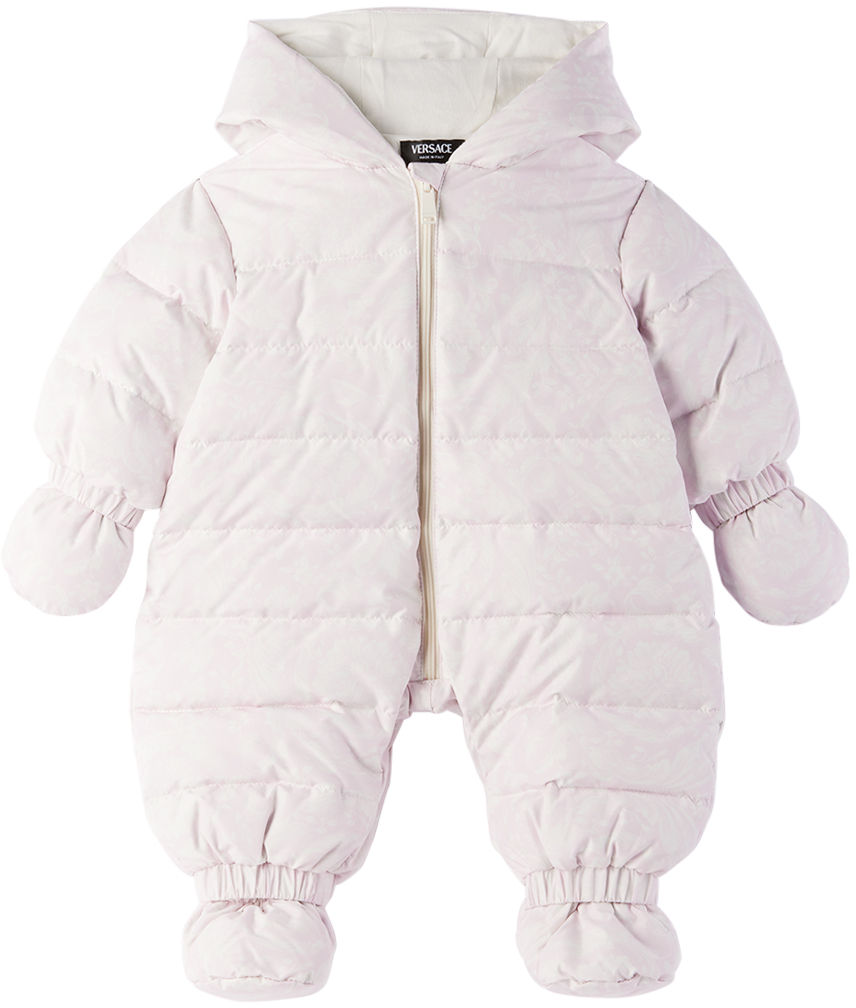 Shop Versace Baby White & Pink Barocco Down Snowsuit In 5p180-pink+print