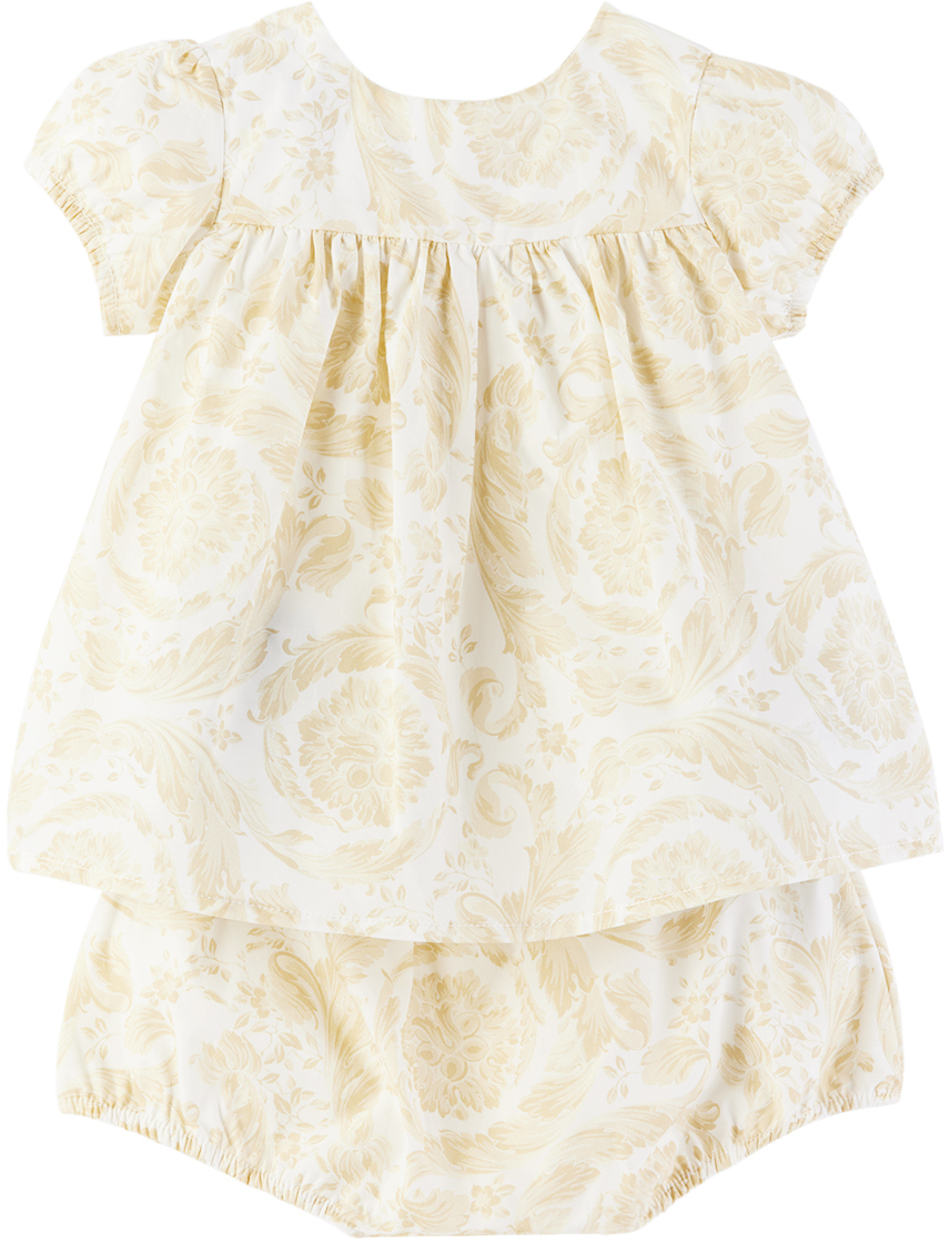 Shop Versace Baby White & Beige Barocco Dress & Bloomers Set In 5w460-white+beige