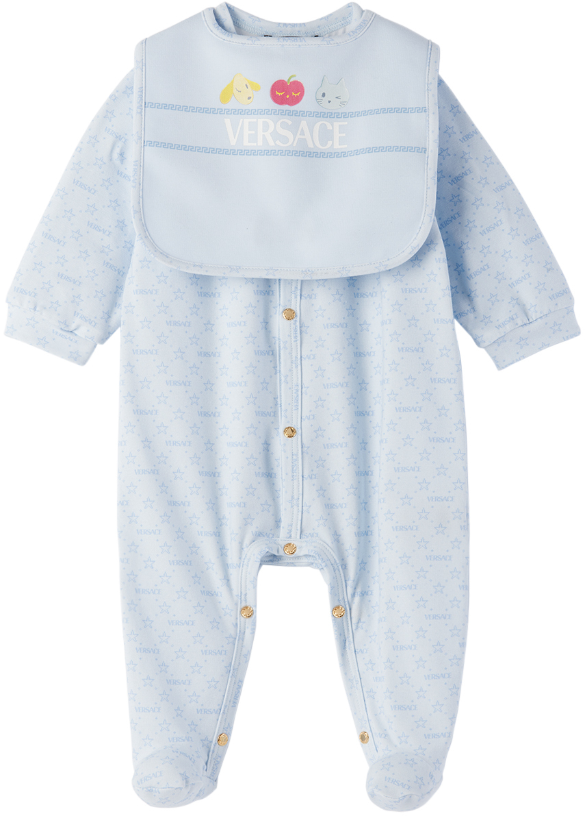 Shop Versace Baby Blue ' Morning' Jumpsuit & Bib Set In 2v510-lightblu+multi