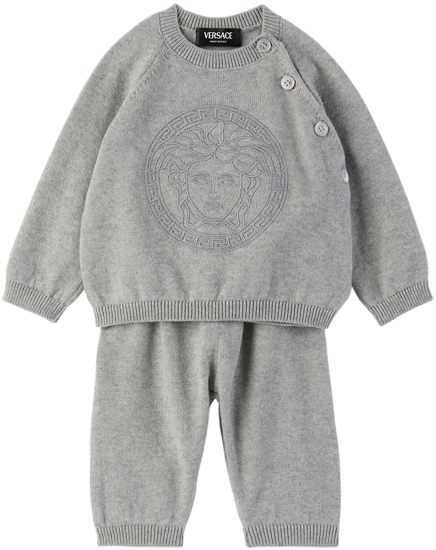 Shop Versace Baby Gray Embroidered Medusa Sweatsuit In 1e130-grey Melanges