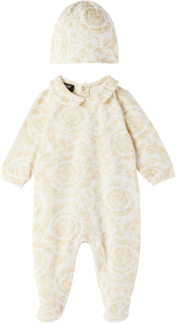 Shop Versace Baby Beige Barocco Jumpsuit & Beanie Set In 5w460-white+beige