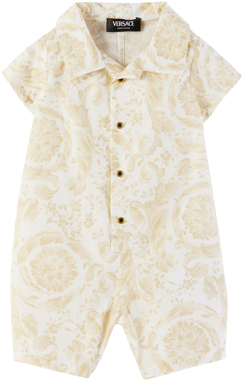 Shop Versace Baby White & Beige Barrocco Romper In 5w460-white+beige