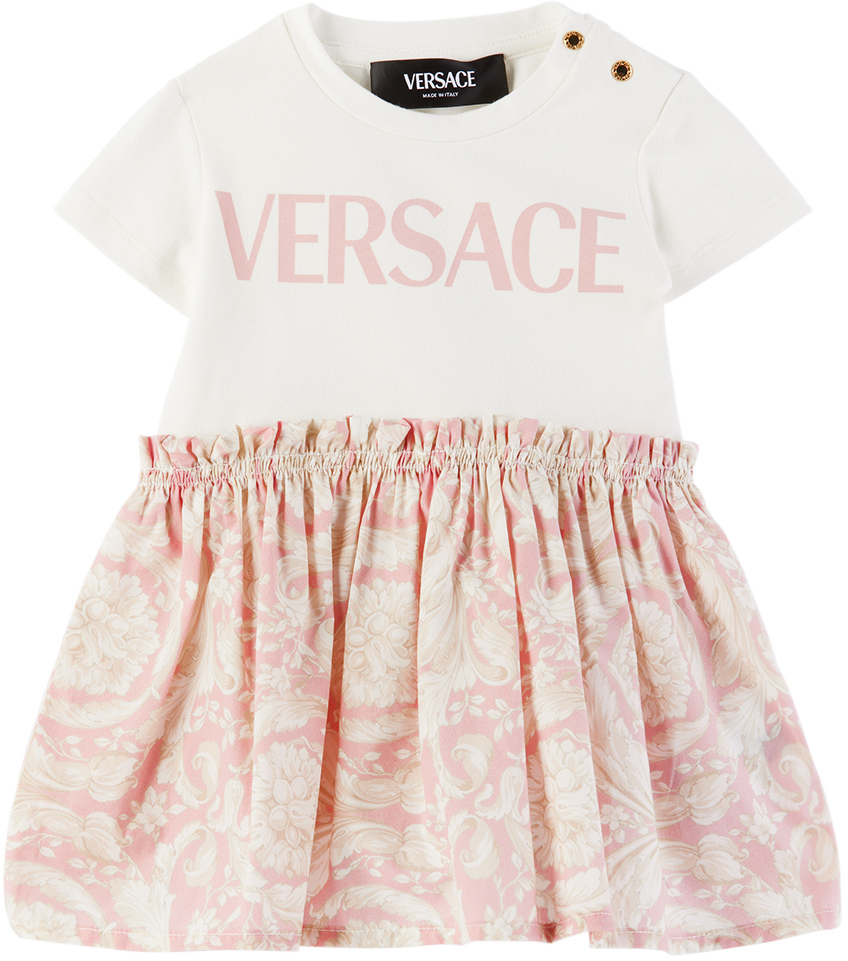 Shop Versace Baby White & Pink Barocco Dress In 2w310-white+pink