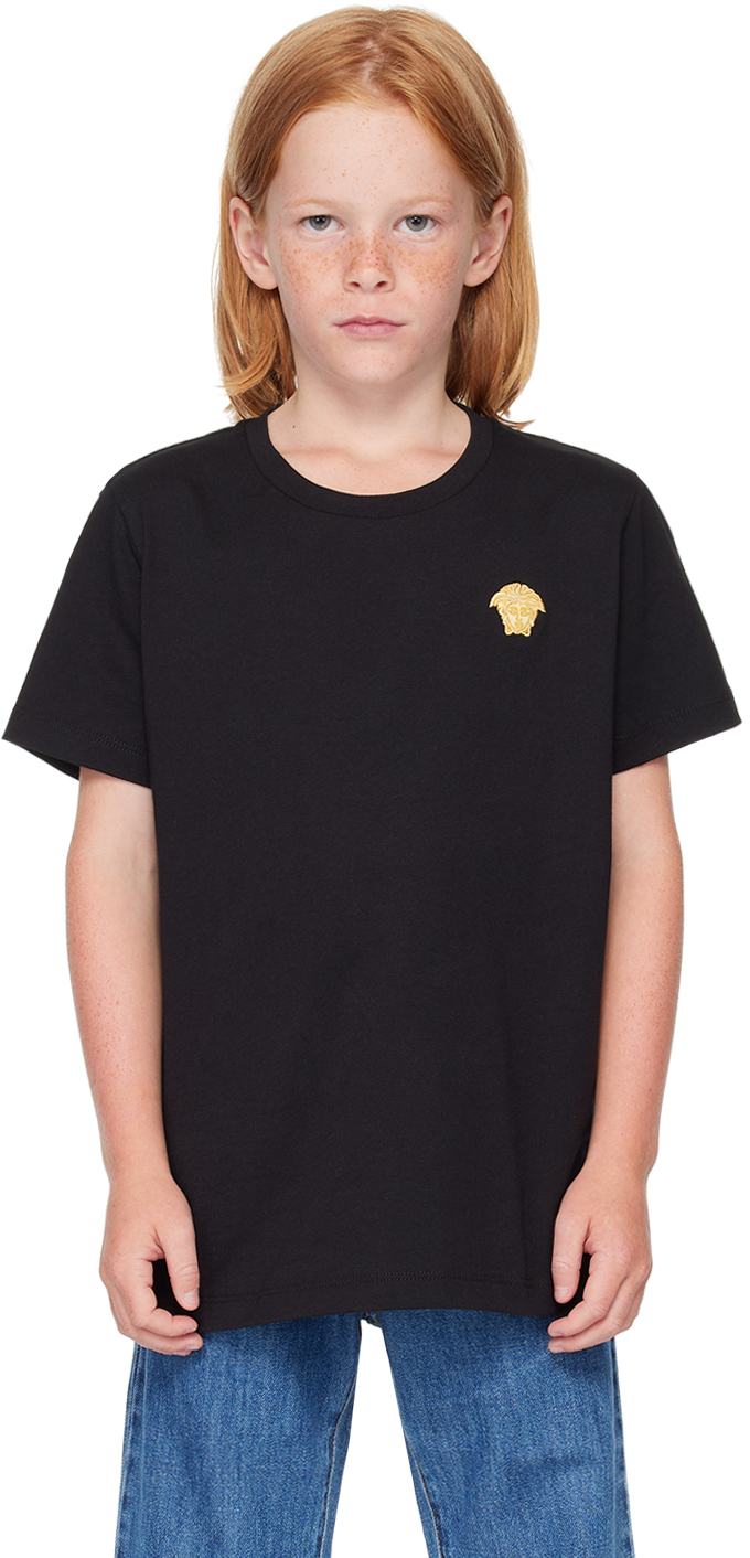 Shop Versace Kids Black Medusa Embroidery T-shirt In 2b130-black+gold