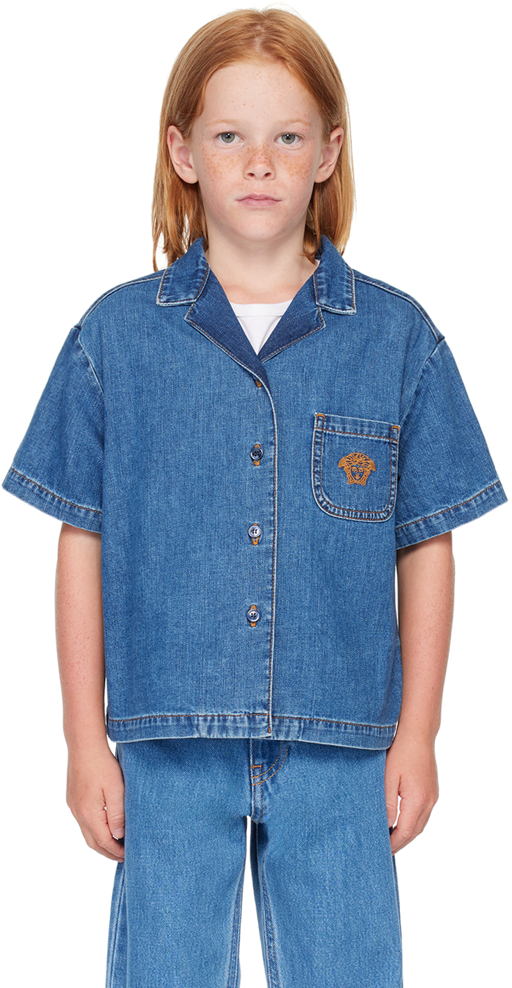 Shop Versace Kids Blue Embroidered Medusa Denim Shirt In 2d310-blue+oro