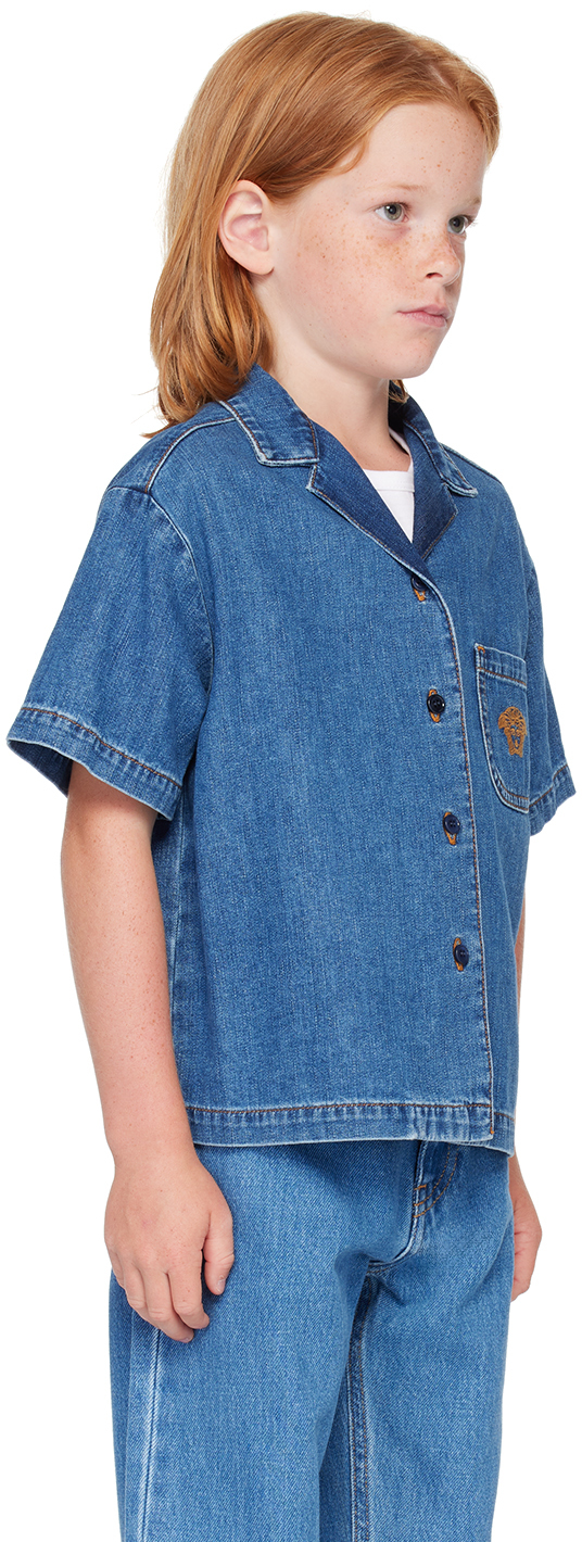 Versace Medusa Head-motif Denim Shirt In 2d310-blue+oro